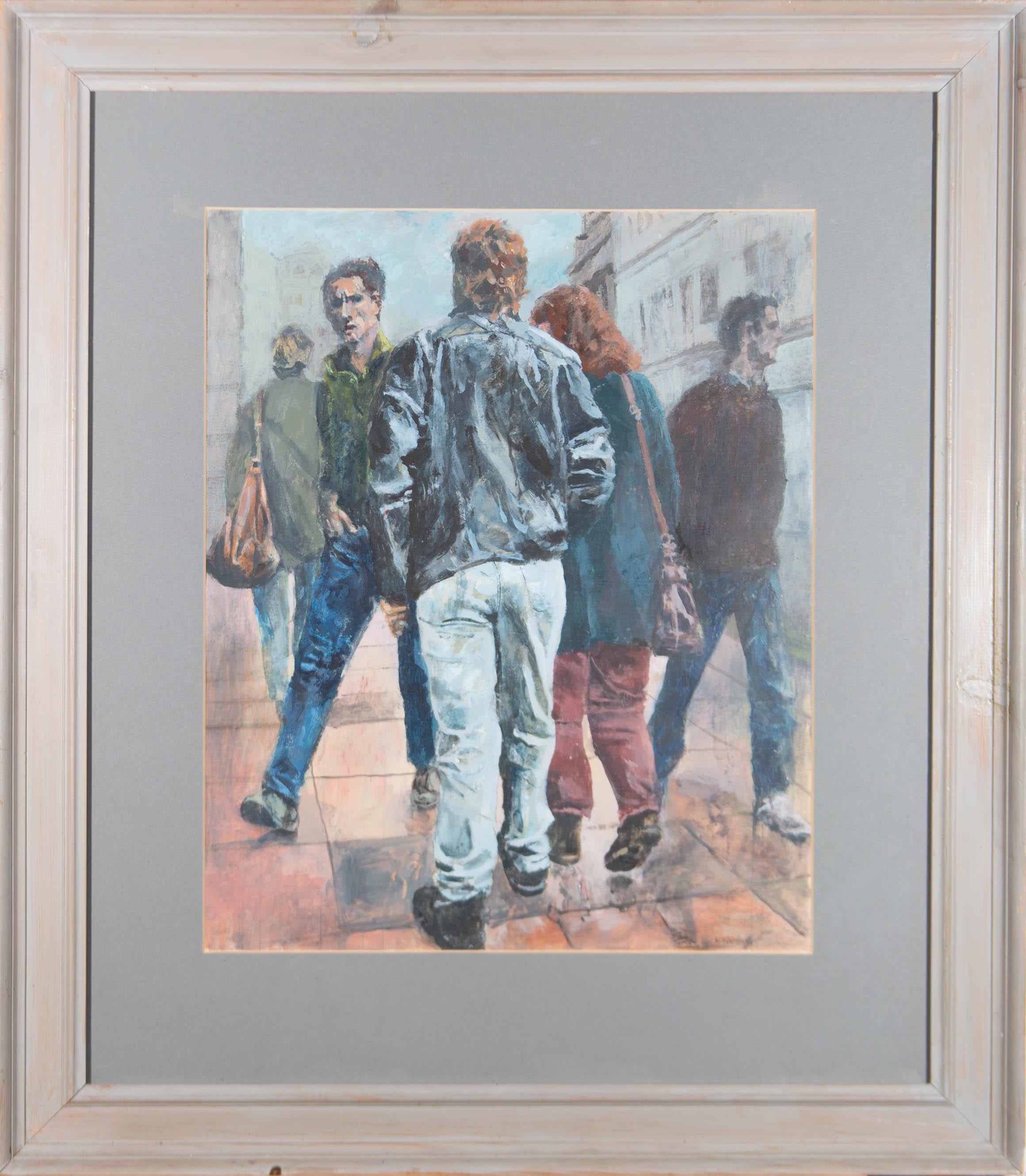 A fine contemporary painting perfectly capturing a bustling city street. Signed and dated. On the reverse is a label from the Bankside Gallery. Well presented in a painted wood frame with glazing and a blue mount board.

On Canvasboard.