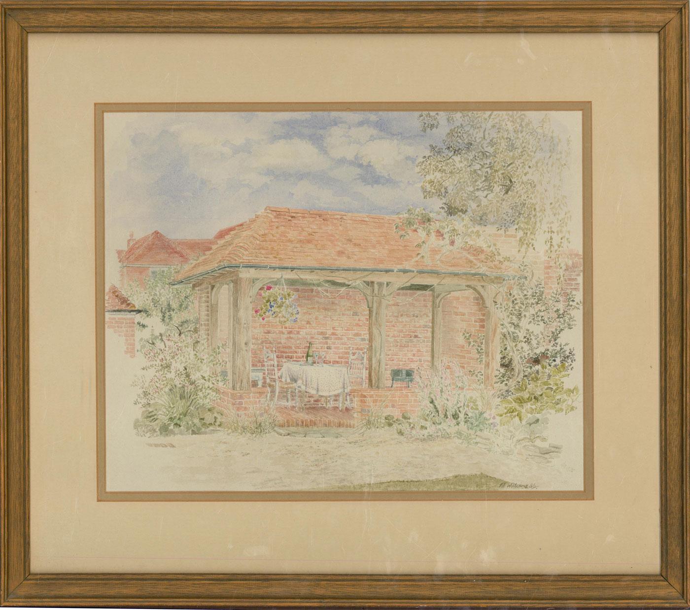 A charming watercolour painting by P.A. Williams. The scene depicts a English garden view with a table set for lunch. Signed and dated to the lower right-hand corner. Well-presented in a double card mount and in a wooden frame. On watercolour paper.
