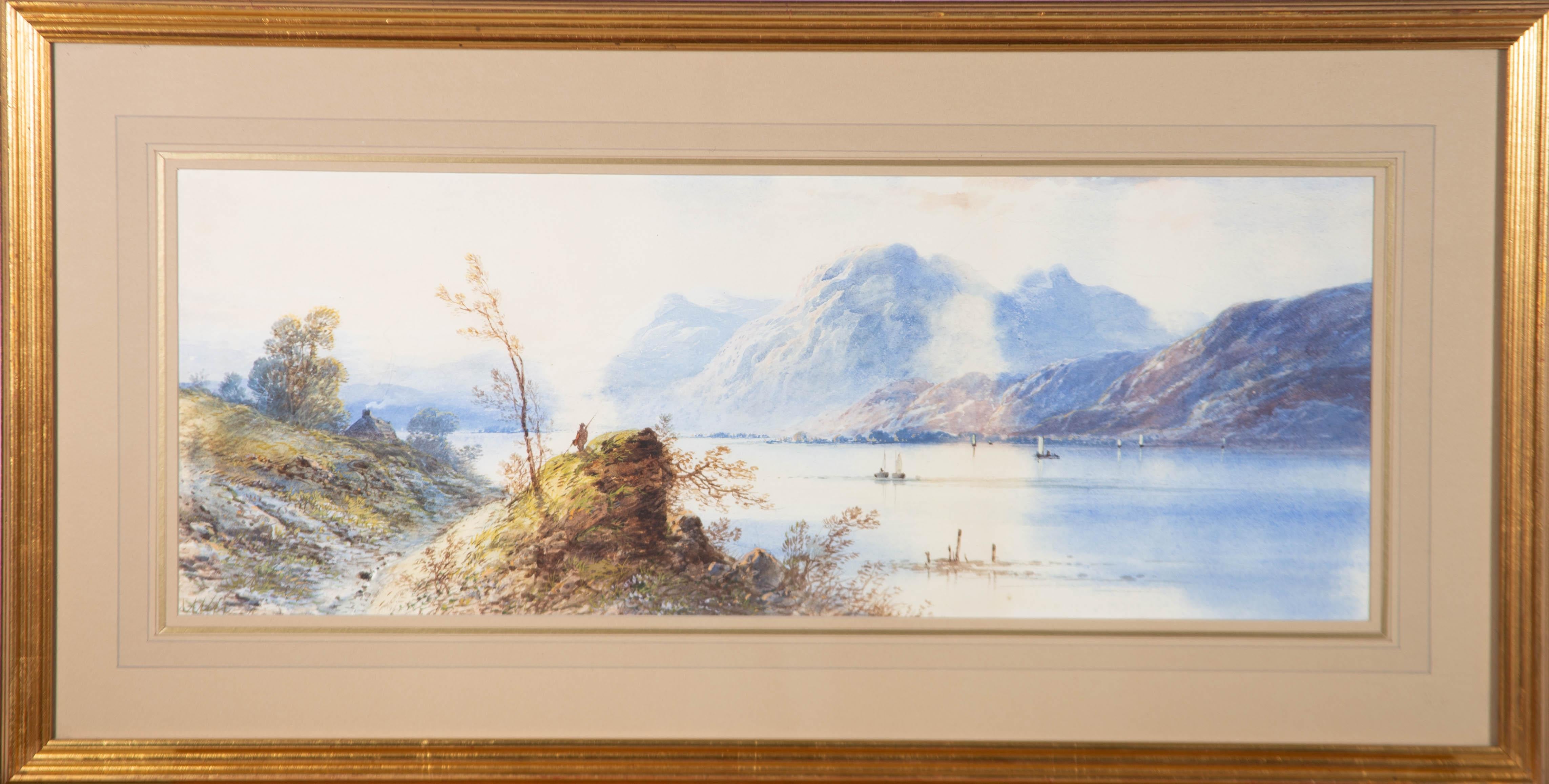 A beautifully proportioned watercolour by Edwin Earp, showing a lake in the foothills of a misty mountain. The lake is dotted with boats and a small cottage with a smoking chimney.

The painting has been presented in a glazed, gilt frame with a