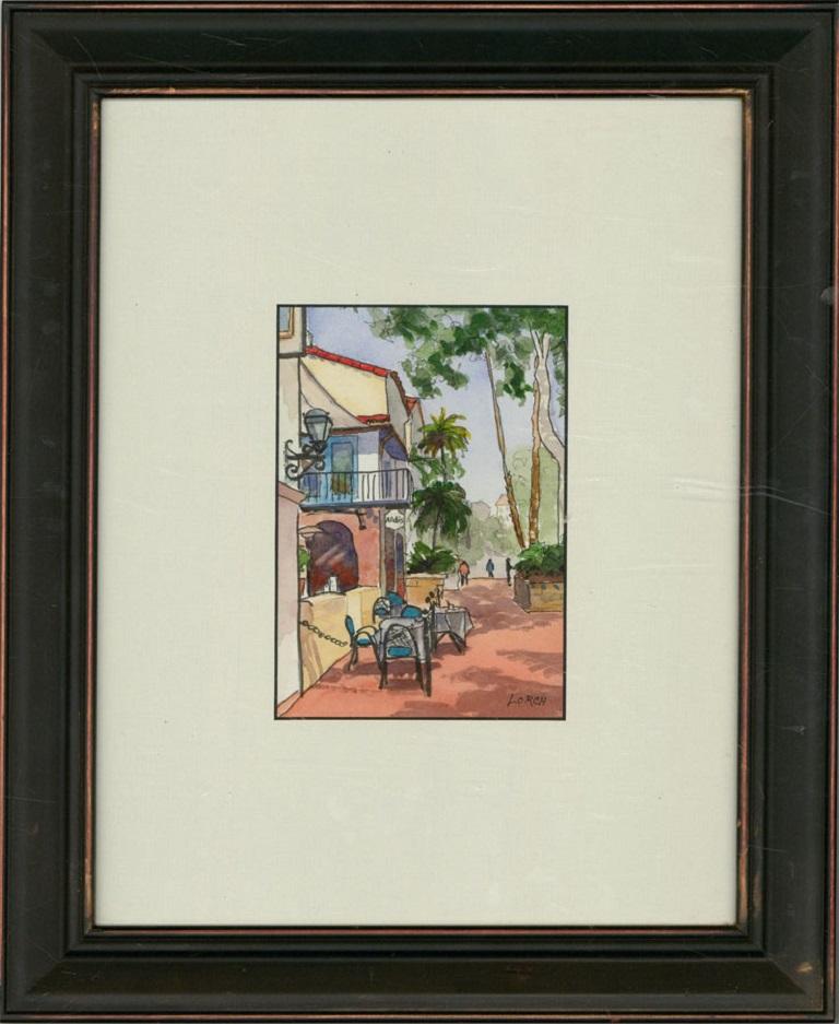 A captivating watercolor painting with pen and ink details by the North American artist Martha Inman Lorch. The scene depicts a bright street view with a restaurant and figures in the distance. There is an artist's label to the reverse. Signed to