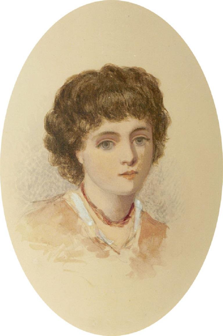 Late 19th Century Watercolour - Young Girl Head Study - Beige Portrait by Unknown