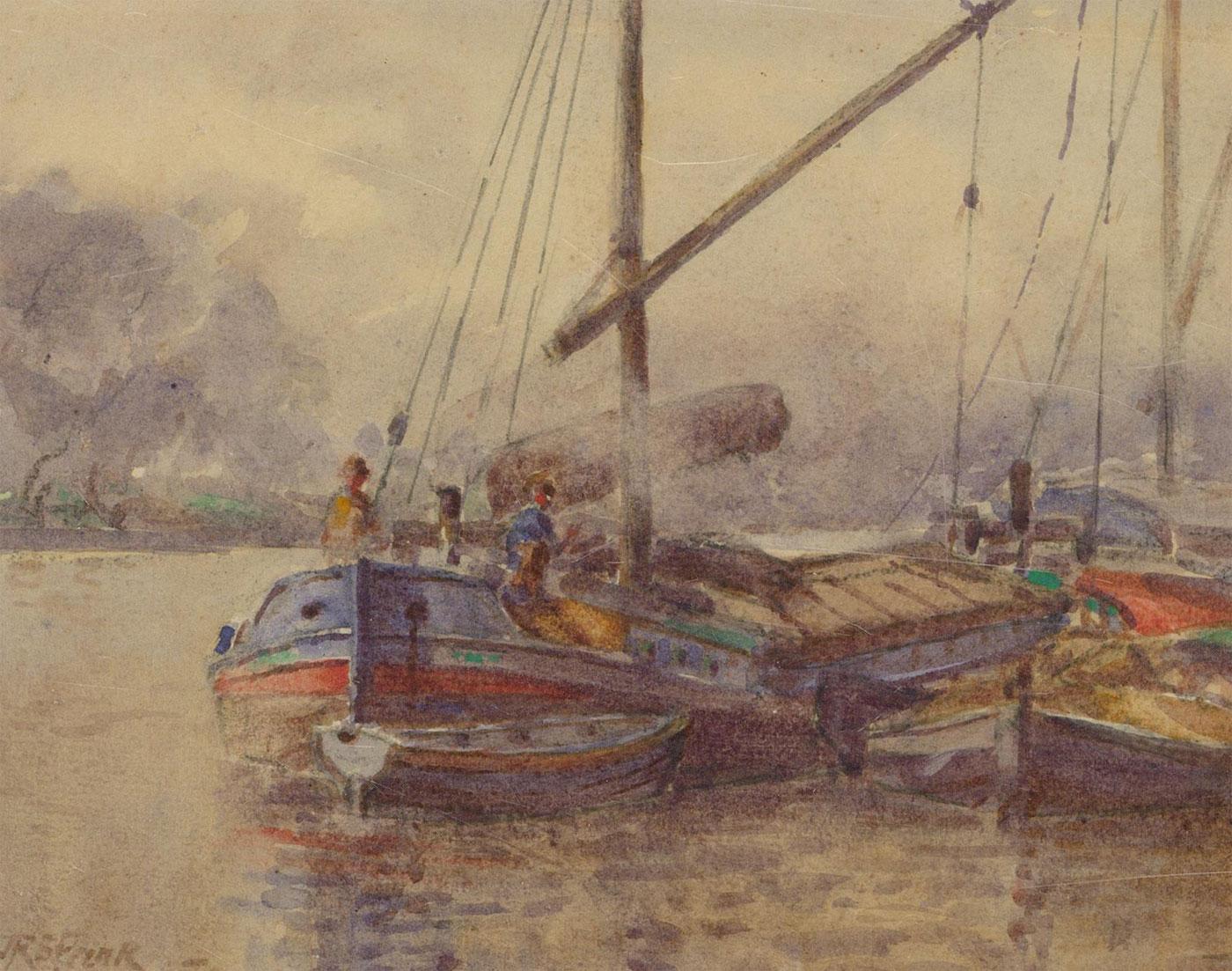 J.R.S. Frank - Gerahmtes Aquarell des frühen 20. Jahrhunderts, The Sailing Barges im Angebot 2