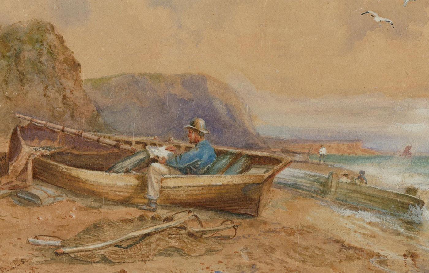 Framed Late 19th Century Watercolour - Waiting for the Tide - Brown Figurative Art by Unknown