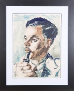 Vintage Eve Disher (1894-1991) Early 20th Century Gouache - A Pensive Portrait With Pipe