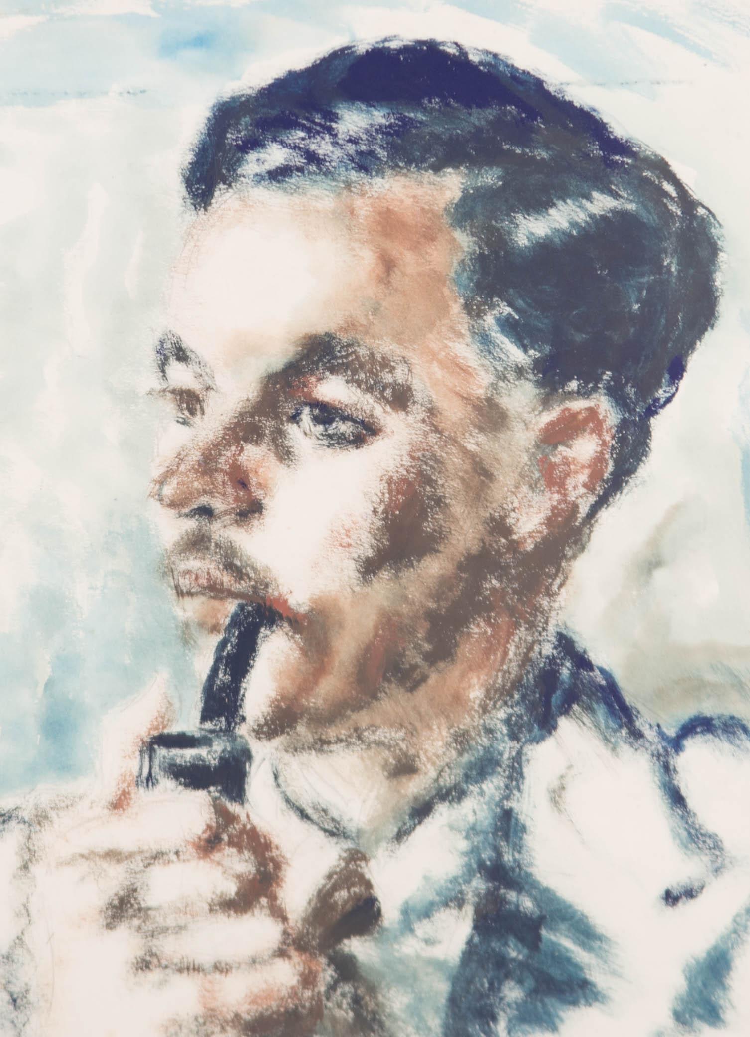 An accomplished portrait in an unusual style of dry brush worked gouache over graphite underdrawing finished with watercolour wash. The painting shows a portrait of a young man smoking a pipe. The artist shows a deft hand with such a bold technique