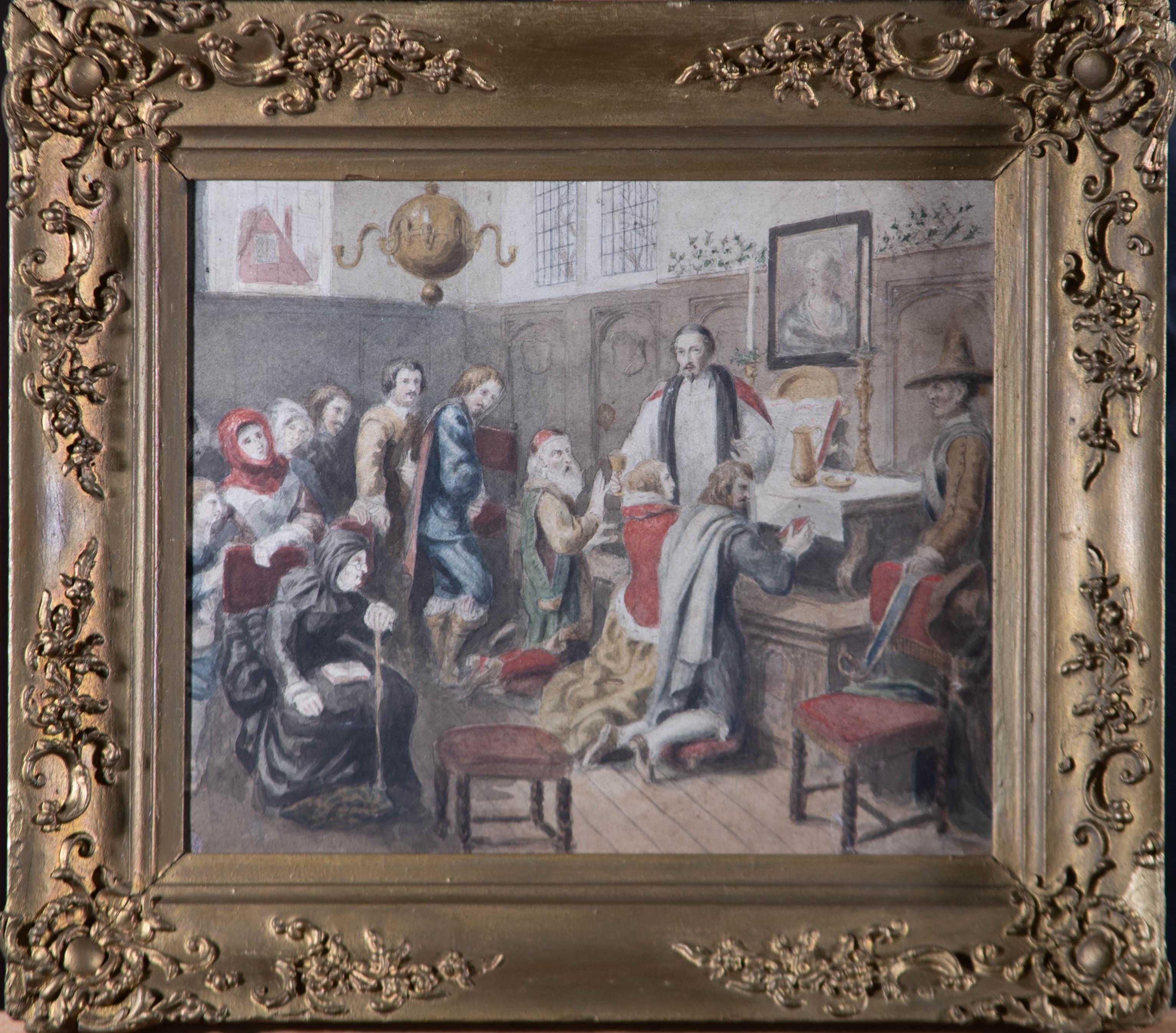 A very fine watercolour Jacobean interior scene showing an altar at which a crowd of people are partaking in a Eucharist. A priest blesses the wine and hands it to an elderly man who kneels before him. A young couple also kneel at the altar whilst a