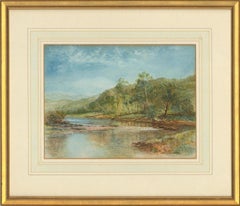 David Bates (1840-1921) – Gerahmtes Aquarell, Flusslandschaft, 1920