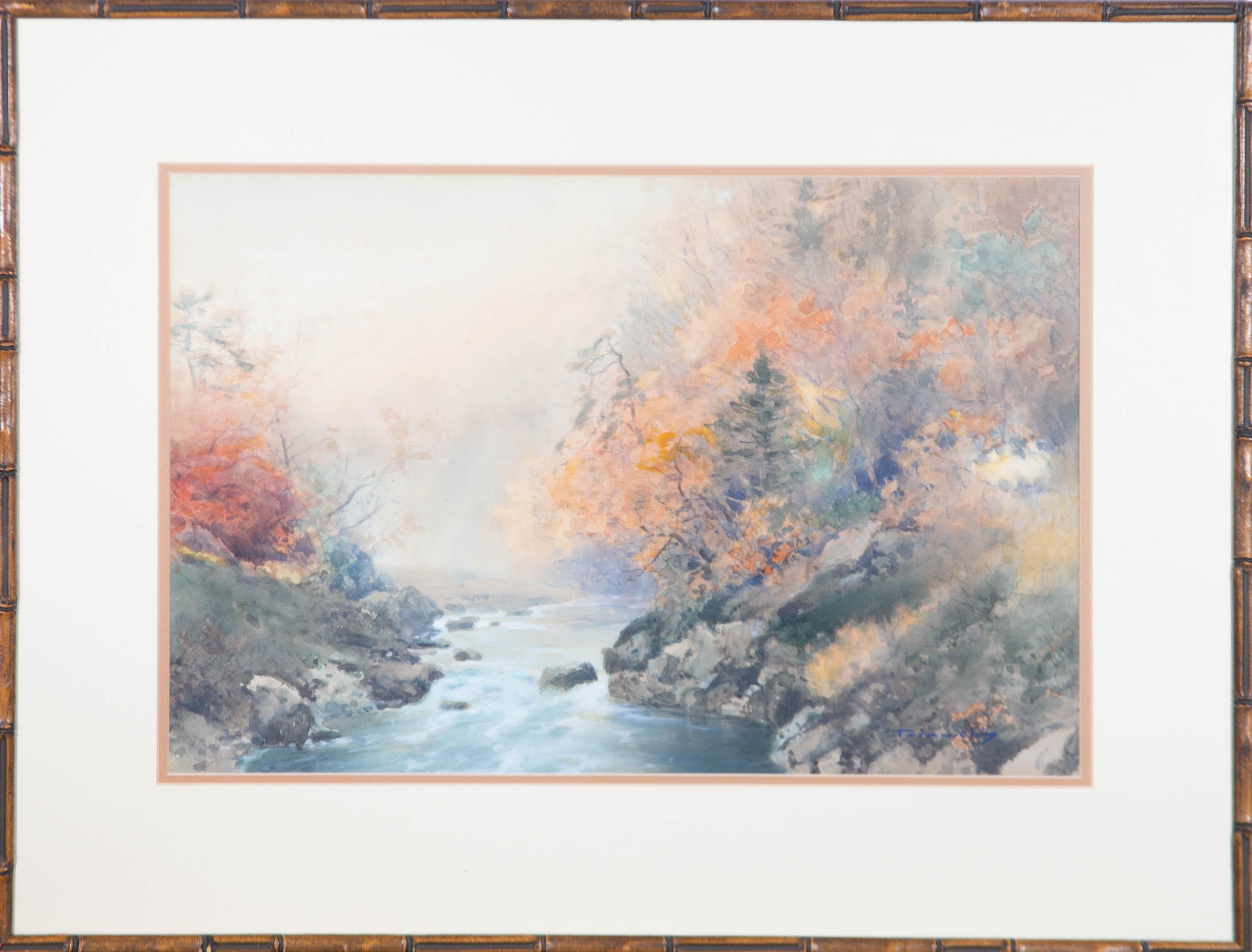 Unknown Landscape Art - Framed Mid 20th Century Watercolour - Misty River Valley