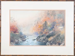 Vintage Framed Mid 20th Century Watercolour - Misty River Valley