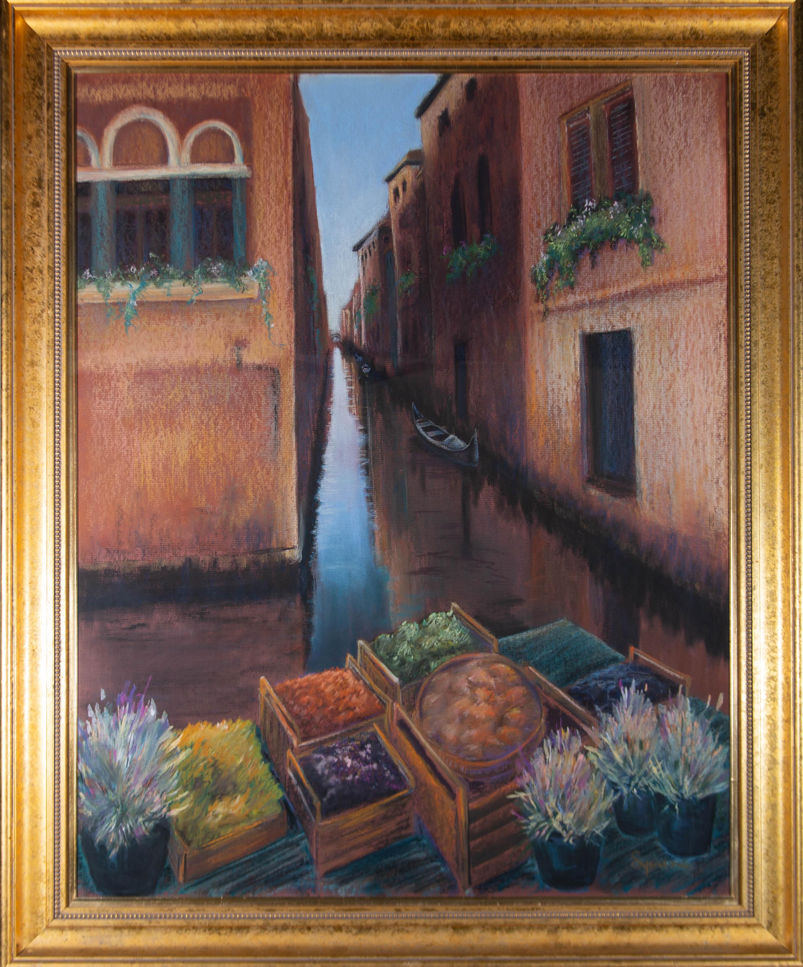 With a fragrant palette and tender pastel marks, Symons creates a captivating depiction of a Venetian canal full of enchanting depth and subtle details.

The artwork is signed in the bottom right-hand corner.

Well presented in a substantial glazed,