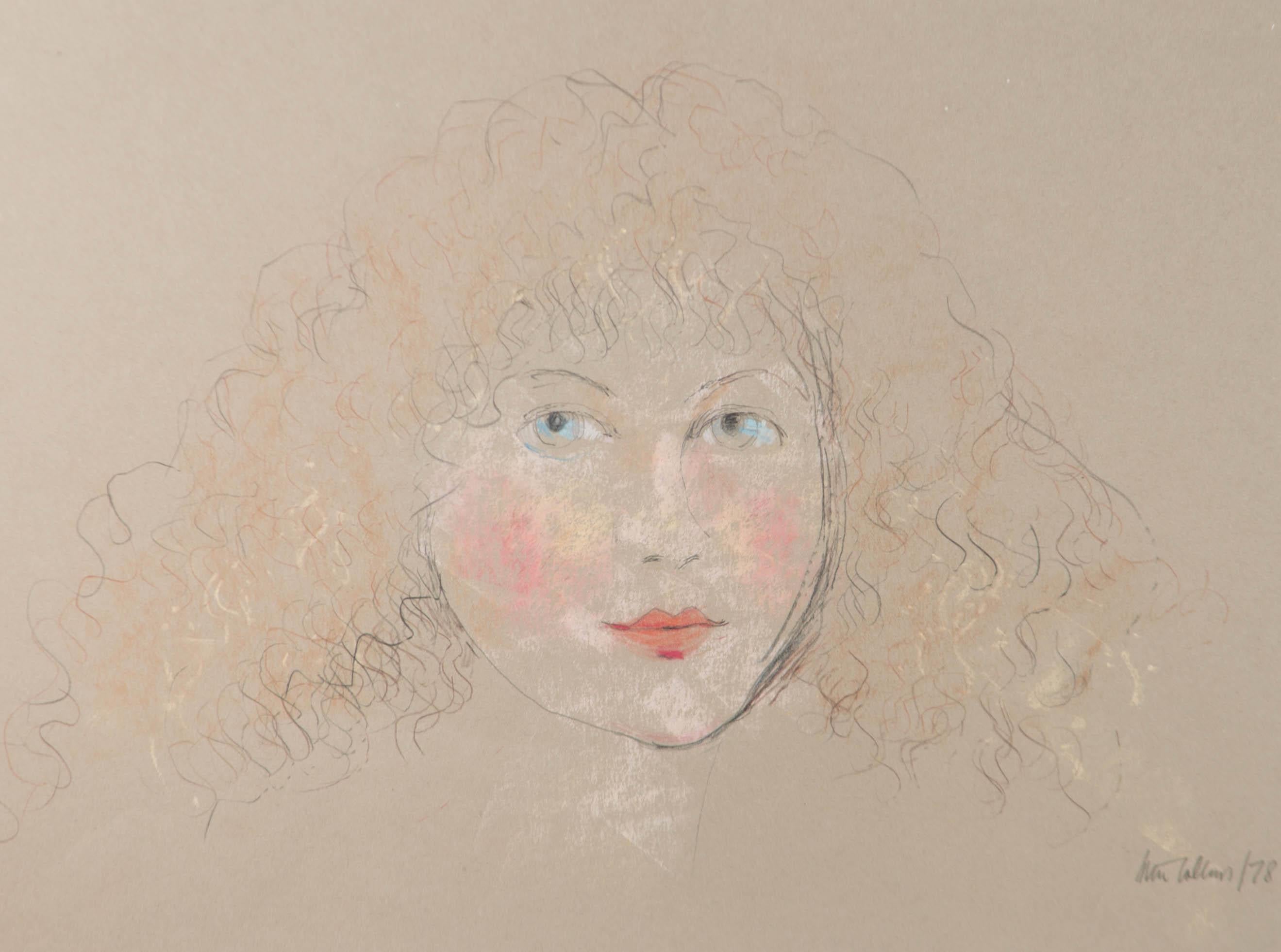 Dessin en graphite signé Peter Collins ARCA, fille aux cheveux bouclés, 1978 en vente 1