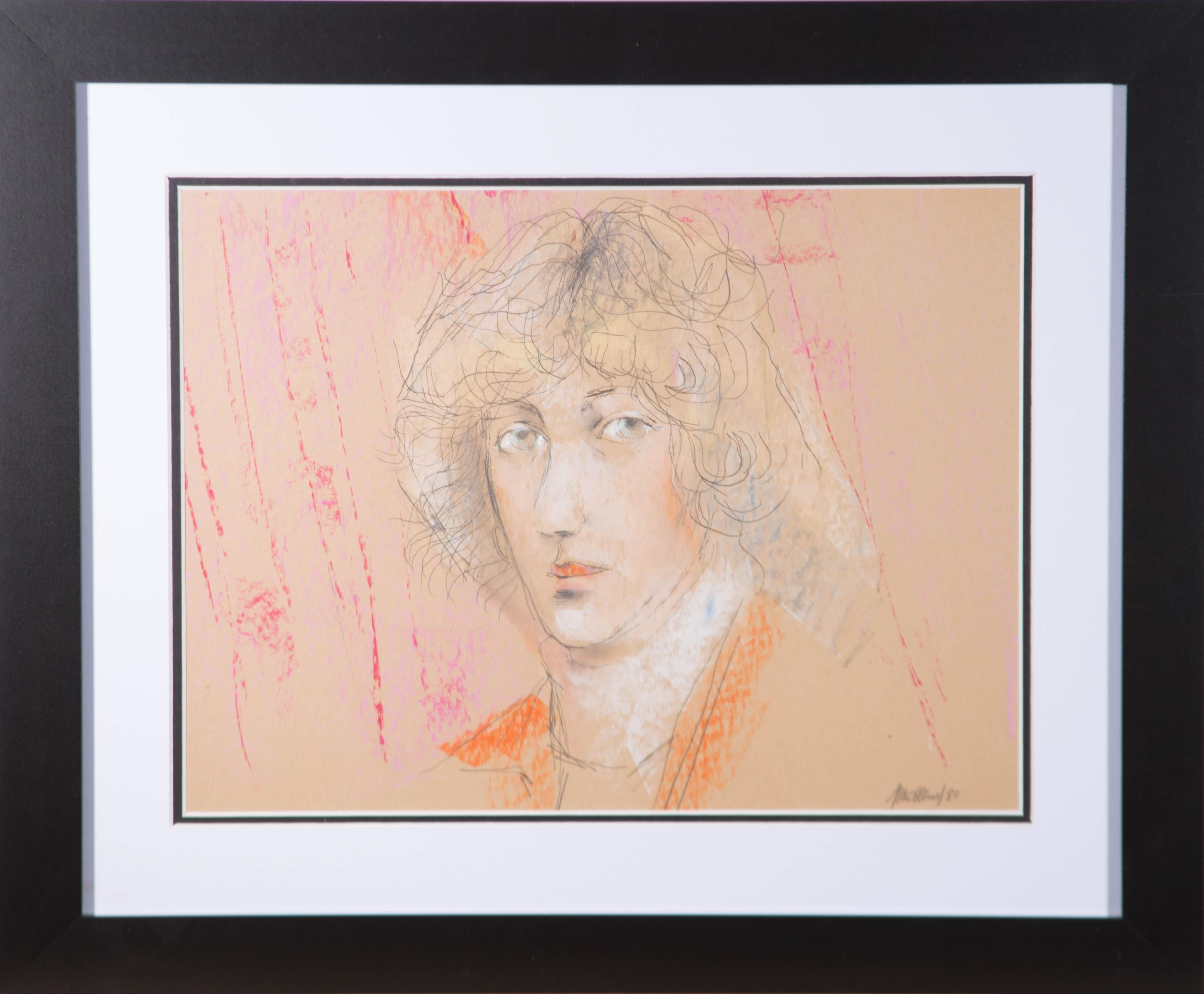 Ein wunderschönes Porträt einer jungen Frau von dem unter Denkmalschutz stehenden britischen Künstler Peter Collins. Hier hat er die mühelose Schönheit der Dargestellten mit wenigen, ausdrucksstarken Bleistiftstrichen und Farbflecken eingefangen.