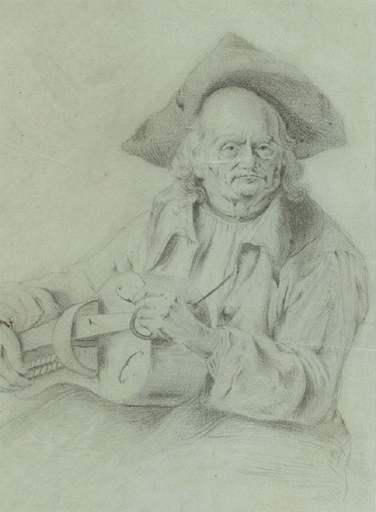 Dibujo en grafito de mediados del siglo XIX enmarcado - Anciano con un órgano - Portrait Gris de Unknown