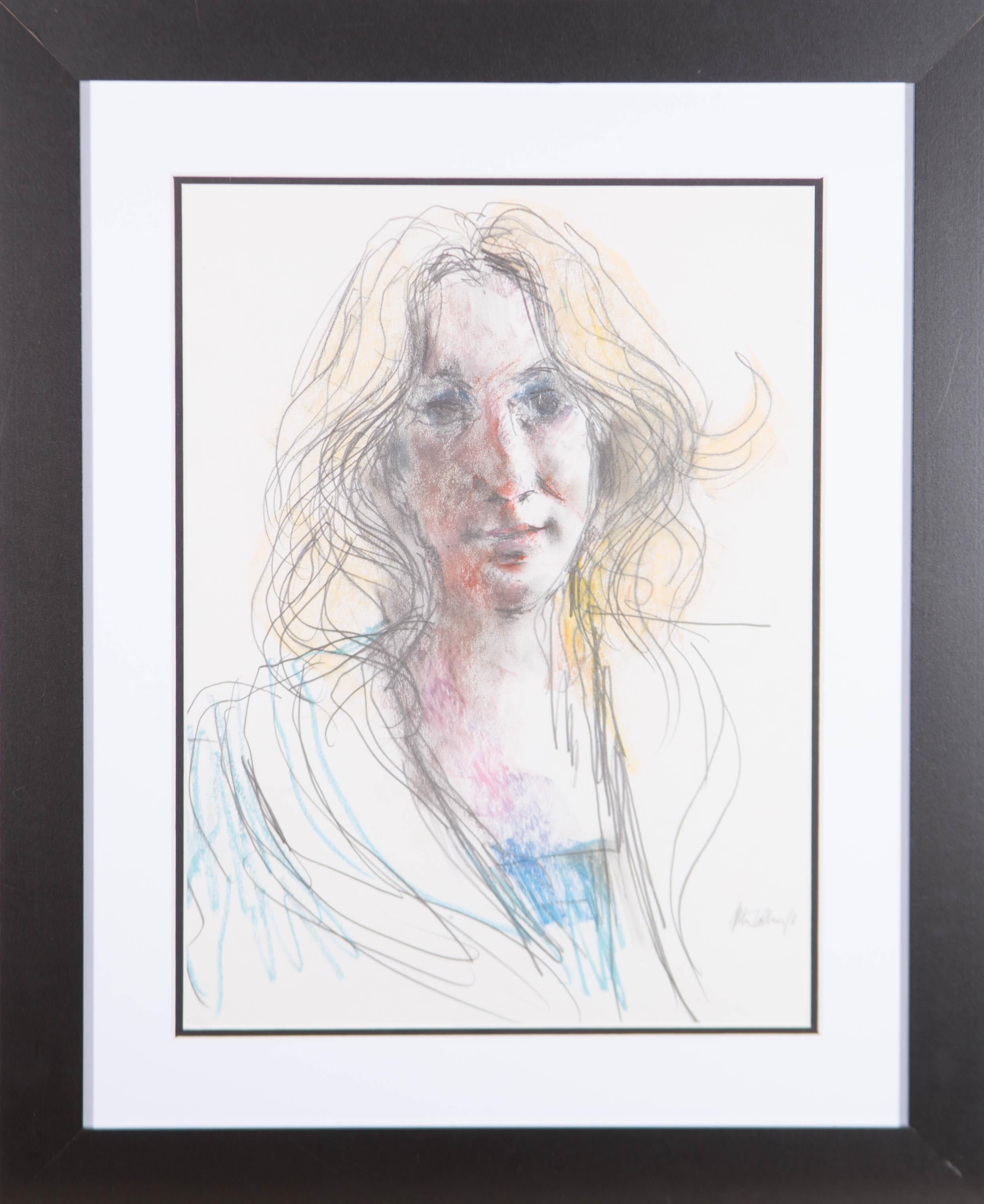 A wonderful portrait of a young woman by the listed British artist Peter Collins. Here he has captured the sitter's effortless beauty with a small number of expressive pencil marks and swatches of oil pastel. Very well presented in a contemporary