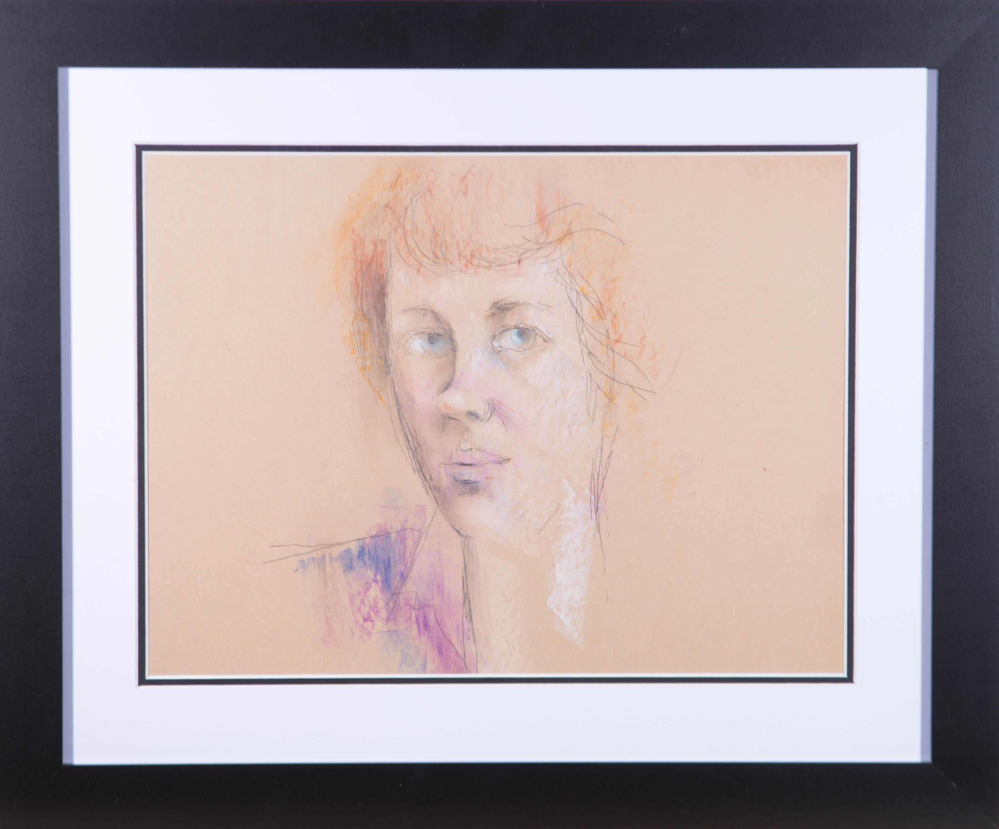 Peter Collins ARCA Portrait – Pastellfarbene Frau mit blauen Augen von Peter Collins, ARCA, 20. Jahrhundert