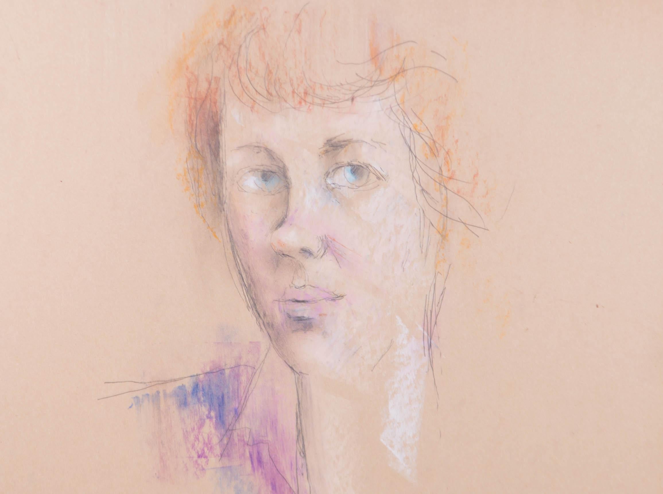Pastellfarbene Frau mit blauen Augen von Peter Collins, ARCA, 20. Jahrhundert – Art von Peter Collins ARCA