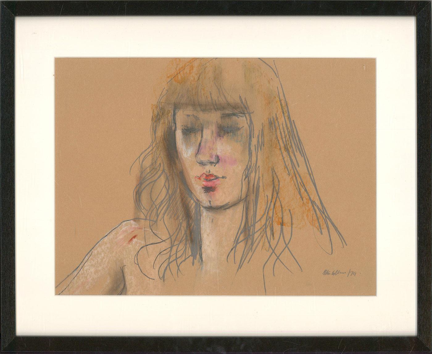 A wonderful portrait of a young woman by the listed British artist Peter Collins. Here he has captured the sitter's effortless beauty with a small number of expressive pencil marks and swatches of oil pastel. Very well presented in a contemporary