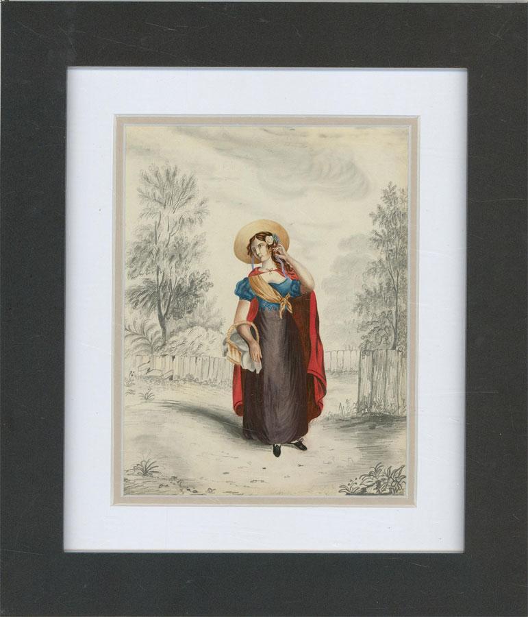Framed Early 19th Century Watercolour - Regency Lady with Red Cloak - Art by Unknown