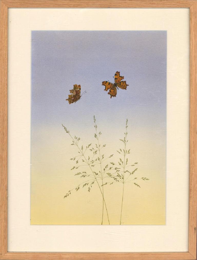 A very fine, delicate and detailed watercolour painting with pencil and gum arabic. The scene depicts two Comma butterflies flying over tall grass. Monogrammed and dated to the lower margin. There is a label to the reverse inscribed with the