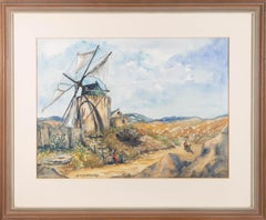 Aquarelle du milieu du 20e siècle, moulin à vent portugais, signée et encadrée par D. M. Barford