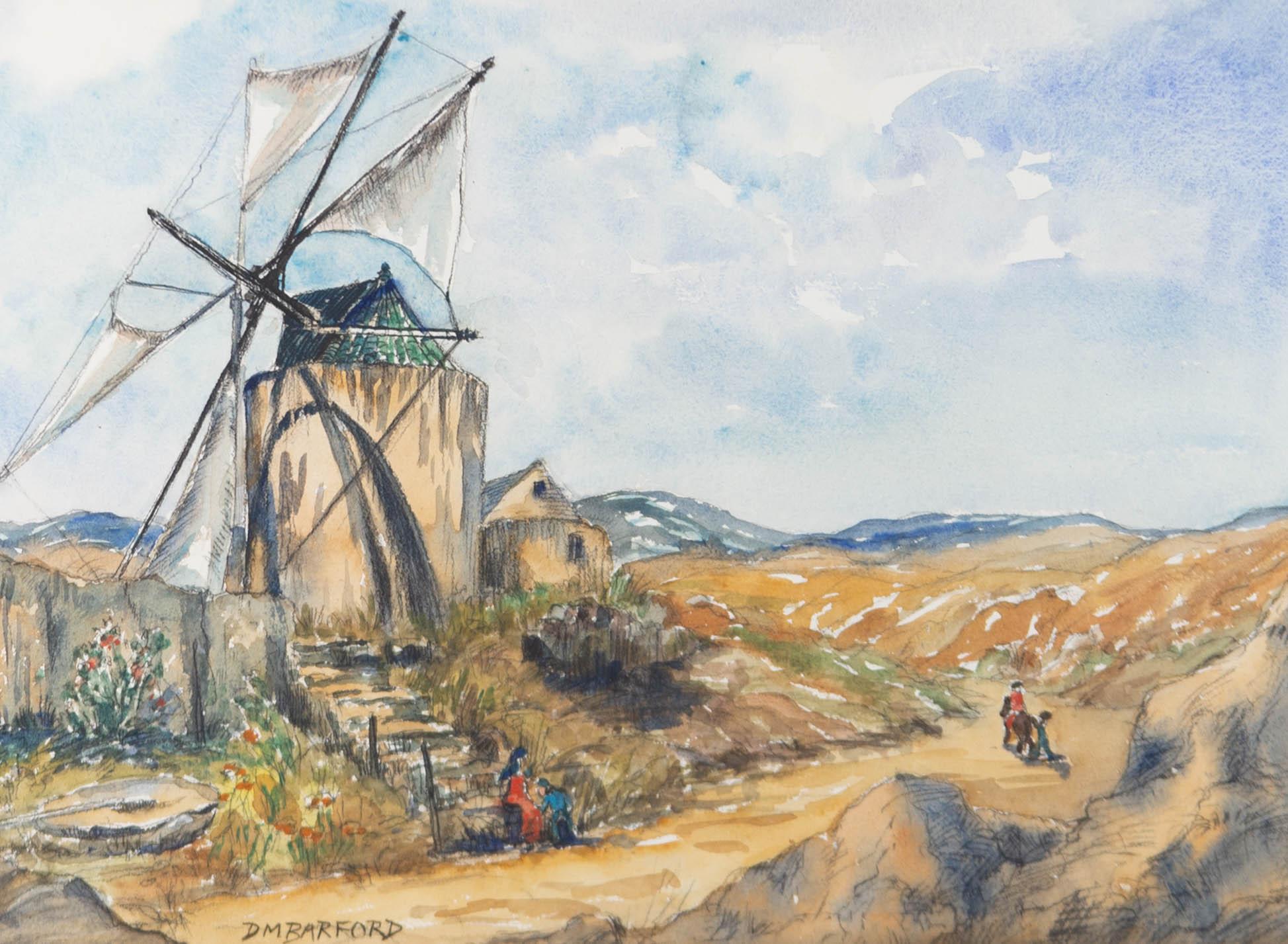 A Portuguese windmill is captured with radiant watercolours.

The artwork is signed, and an inscription on the reverse reads 'Portuguese Windmill'.

The artwork is well presented in a molded wood frame with glazing and a mount board.

On wove.