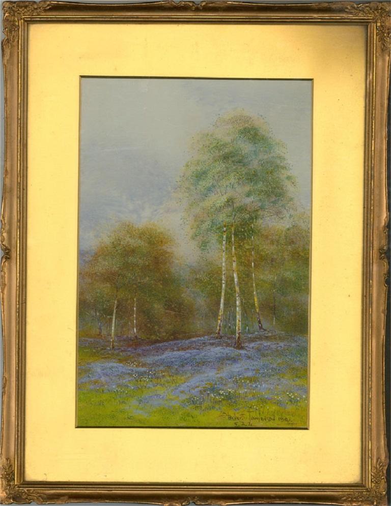Bright gouache highlights bring this delicate watercolour study of a spring woodland to life. The artwork is signed and dated in the lower right-hand corner and is well presented in a gilded and molded wood frame. On wove.