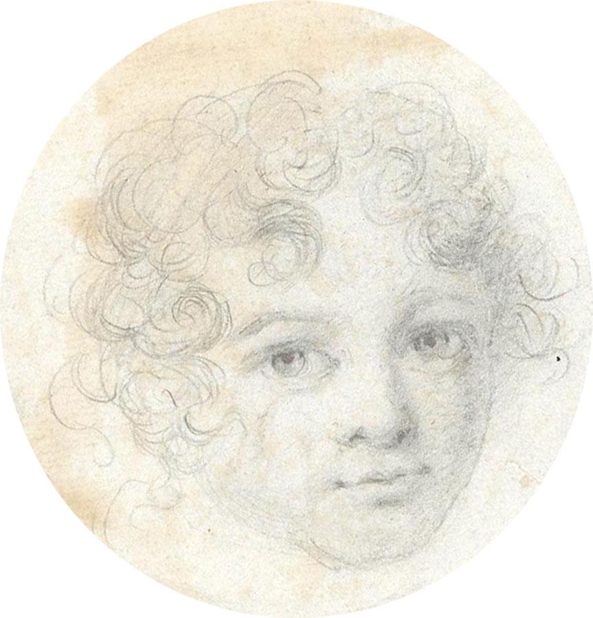 Suivi de Stephen Denning - Graphite du 19e siècle, portrait d'enfant - Beige Portrait par Follower of Stephen Poyntz Denning