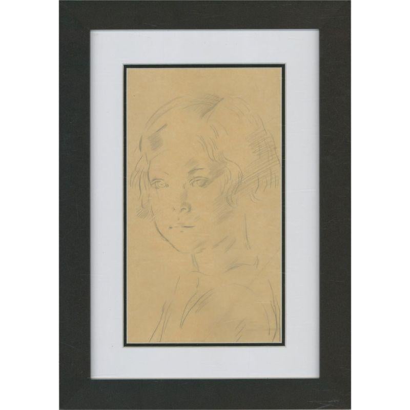 A fine graphite drawing by the artist Alfred Kingsley Lawrence, depicting a young girl. Even though this work is unsigned, it belongs to a collection by the artist. Well-presented in a double card mount and in a simple contemporary black frame. On