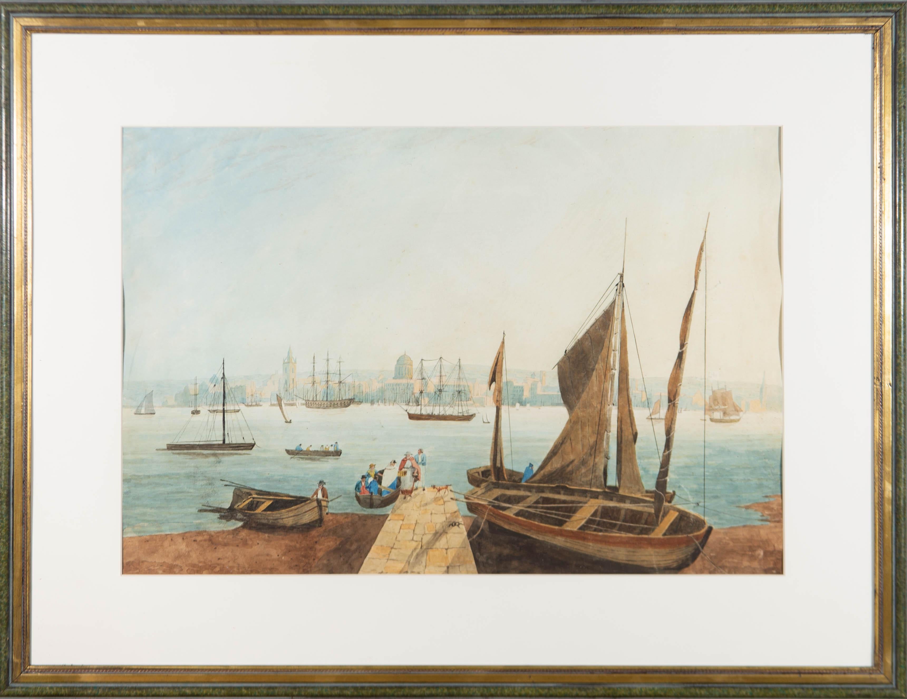 Unknown Landscape Art – Gerahmtes Aquarell aus dem frühen 19. Jahrhundert – Stadtlandschaft, The Disembark