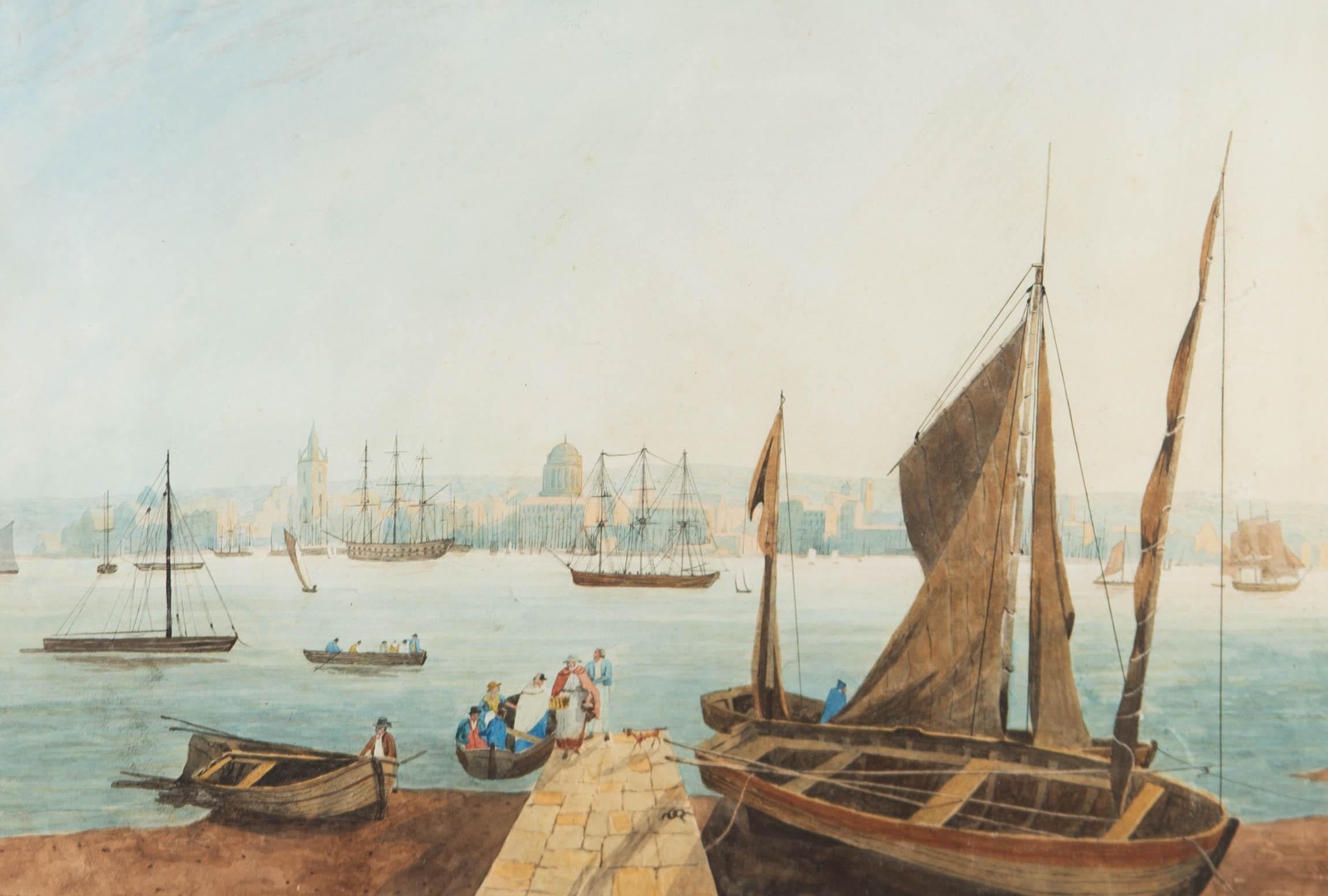 Gerahmtes Aquarell aus dem frühen 19. Jahrhundert – Stadtlandschaft, The Disembark (Grau), Landscape Art, von Unknown