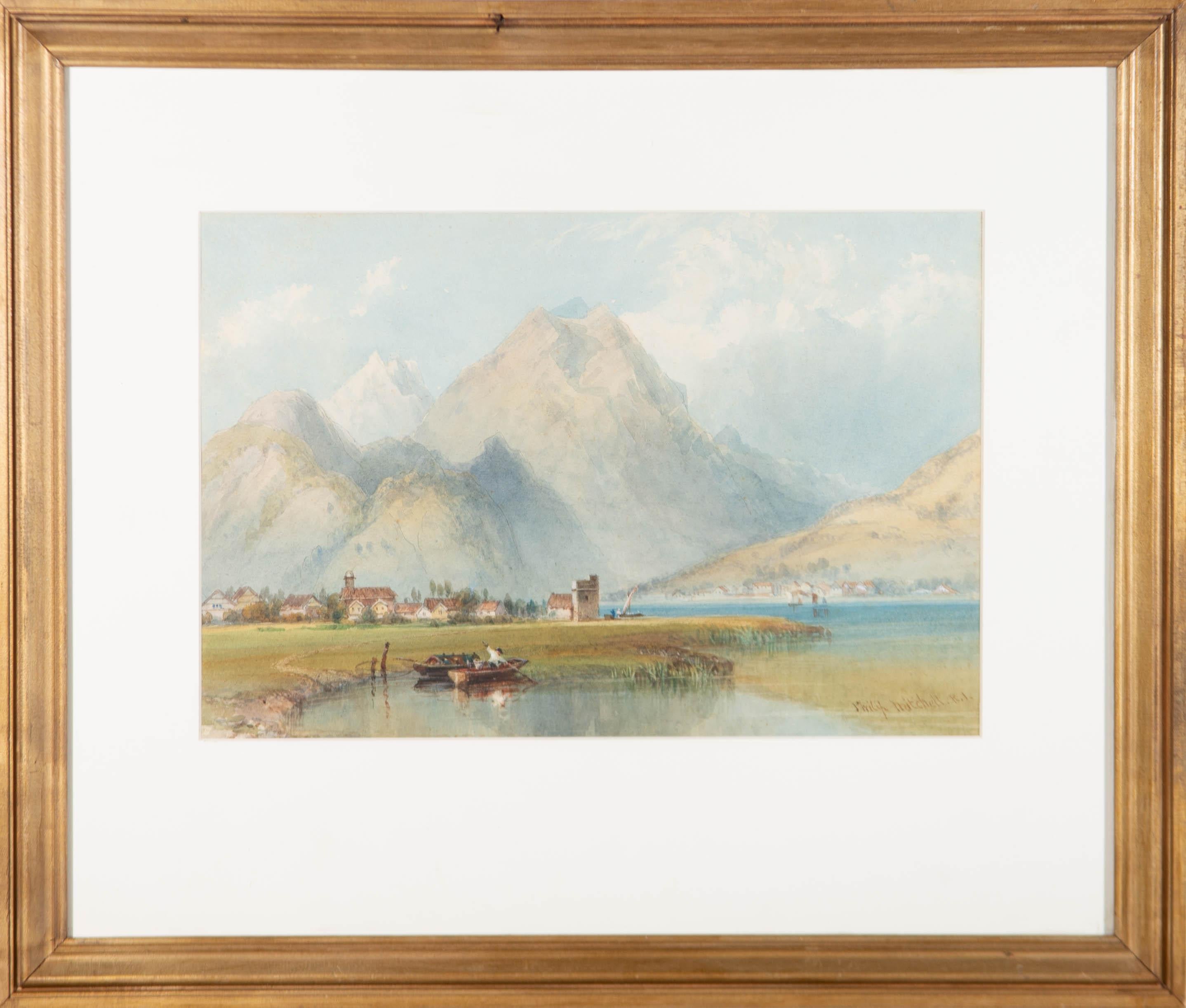 Eine reizvolle kontinentale Landschaft des britischen Künstlers Philip Mitchell, die ein ländliches Dorf vor der Kulisse großer Alpenberge zeigt. Sehr gut in einer Creme Karte montieren und vergoldeten Effekt Rahmen präsentiert. Signiert unten
