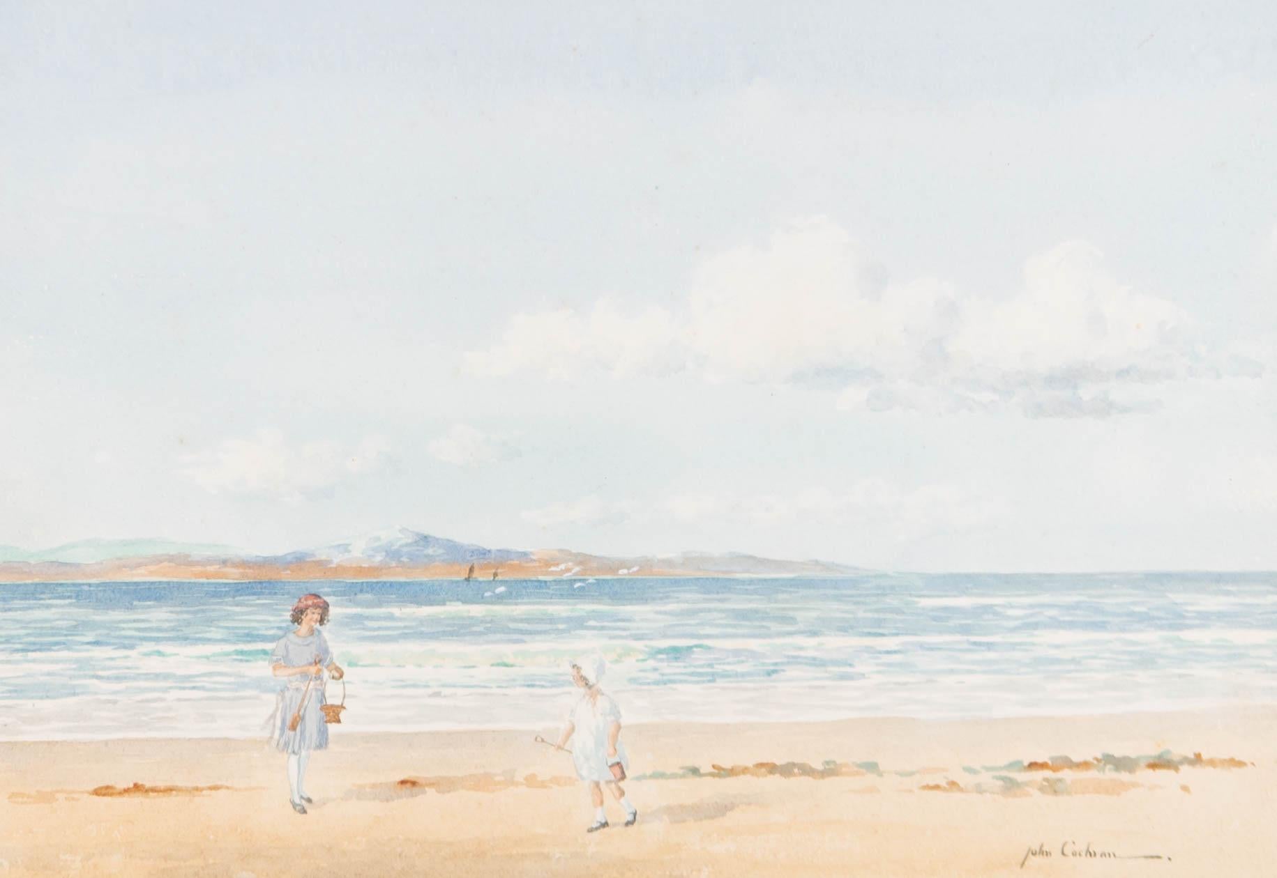 A delightful study of two young girls playing on a quiet beach by the Scottish artist John Cochran. Both of the children have a bucket and spade and can be seen close to the water's edge. Well presented in a double card mount and contemporary black