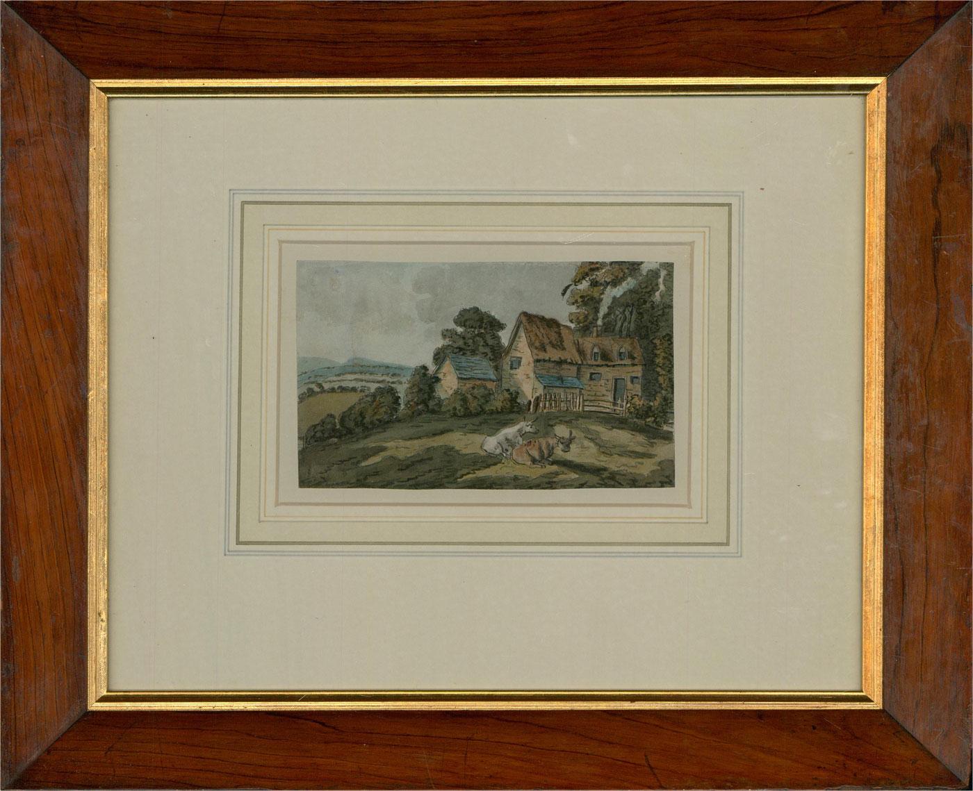 English School Early 19th Century Watercolour - Hillside Farm - Brown Landscape Art by Unknown