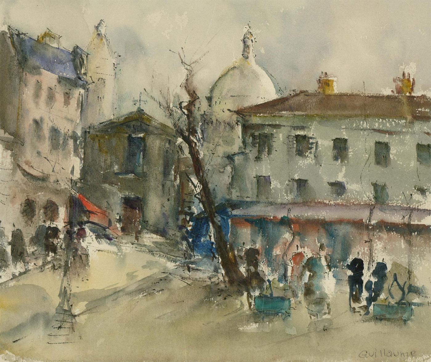 Guillaume - Signed & Framed Contemporary Watercolour, Winter Streets For Sale 2