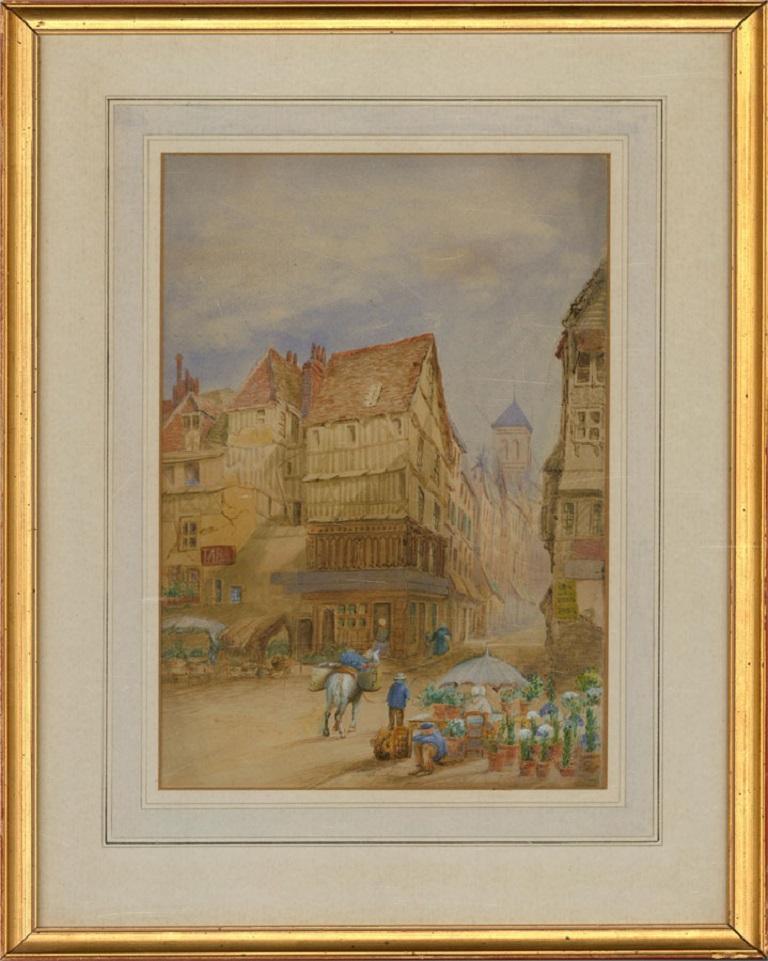A fine and detailed watercolour painting with gouache details. The scene depicts a town view with passing figures and a flower seller. Unsigned. Well-presented in a washline card mount and in a distressed gilt effect frame. On watercolour paper.