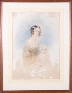 Jules Nogues (né en 1809) - Pastel signé et encadré de 1839, Mère et Enfant