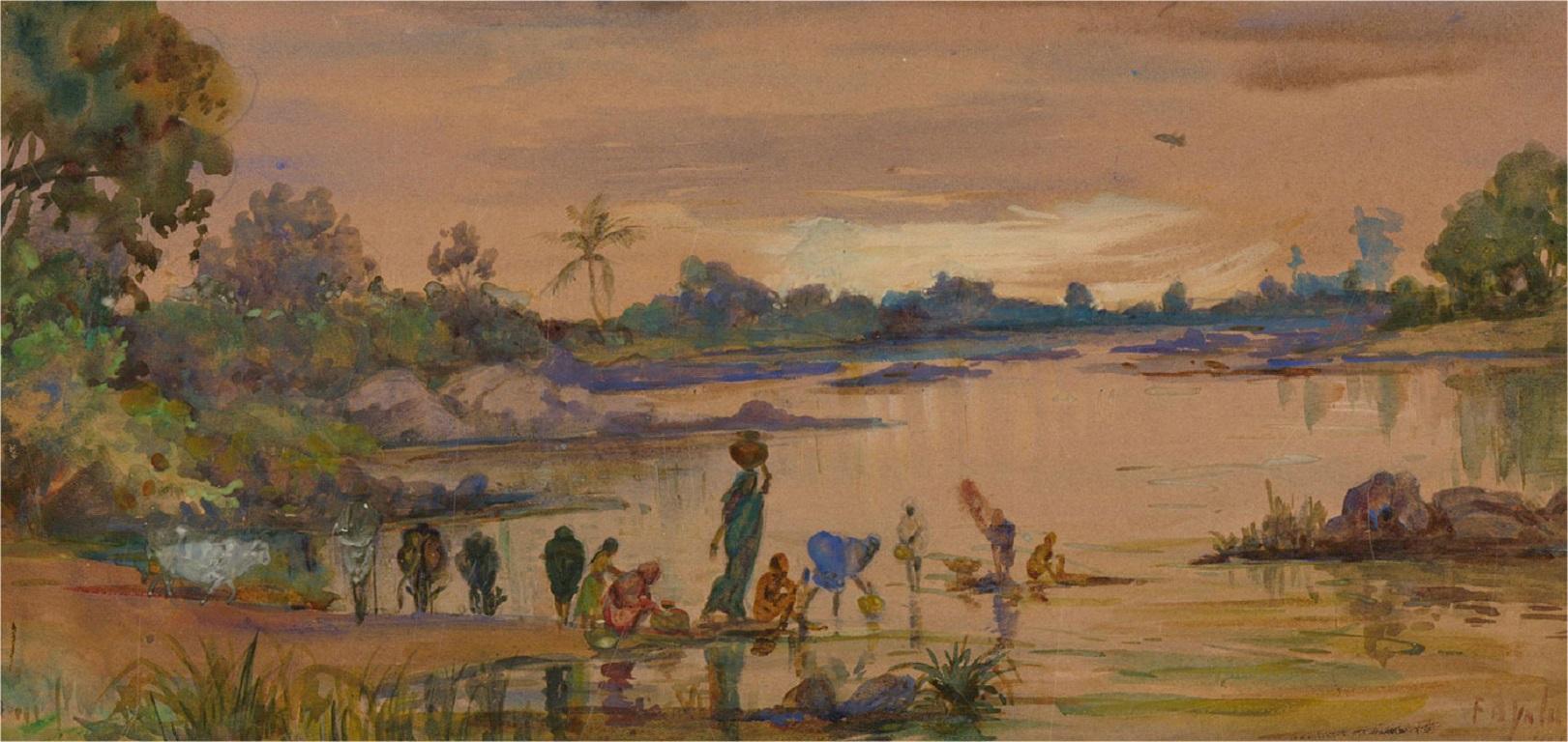F.B. Yalavatti (fl.1930-1950) - Acuarela enmarcada de 1936, Buscando agua 1