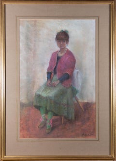 F Winterborne - Mid 20th Century Pastel, Young Girl In Green And Pink