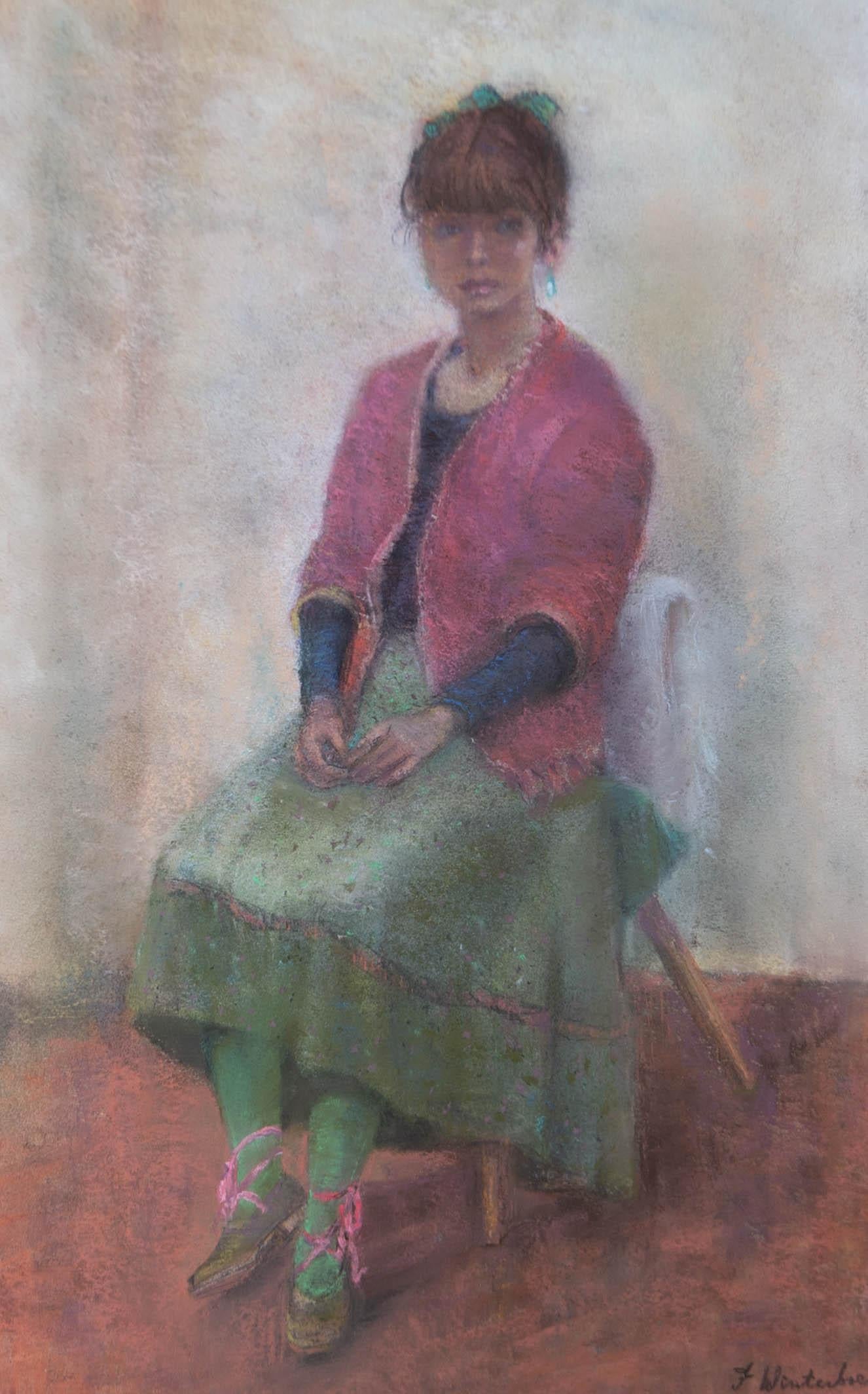 A very pretty portrait in a wonderful palette showing a young girl sitting elegantly poised, with her hands in her lamp, on a wooden chair. She is wearing a pink cardigan with green skirt and green tights and pink ribbons on her shoes. This