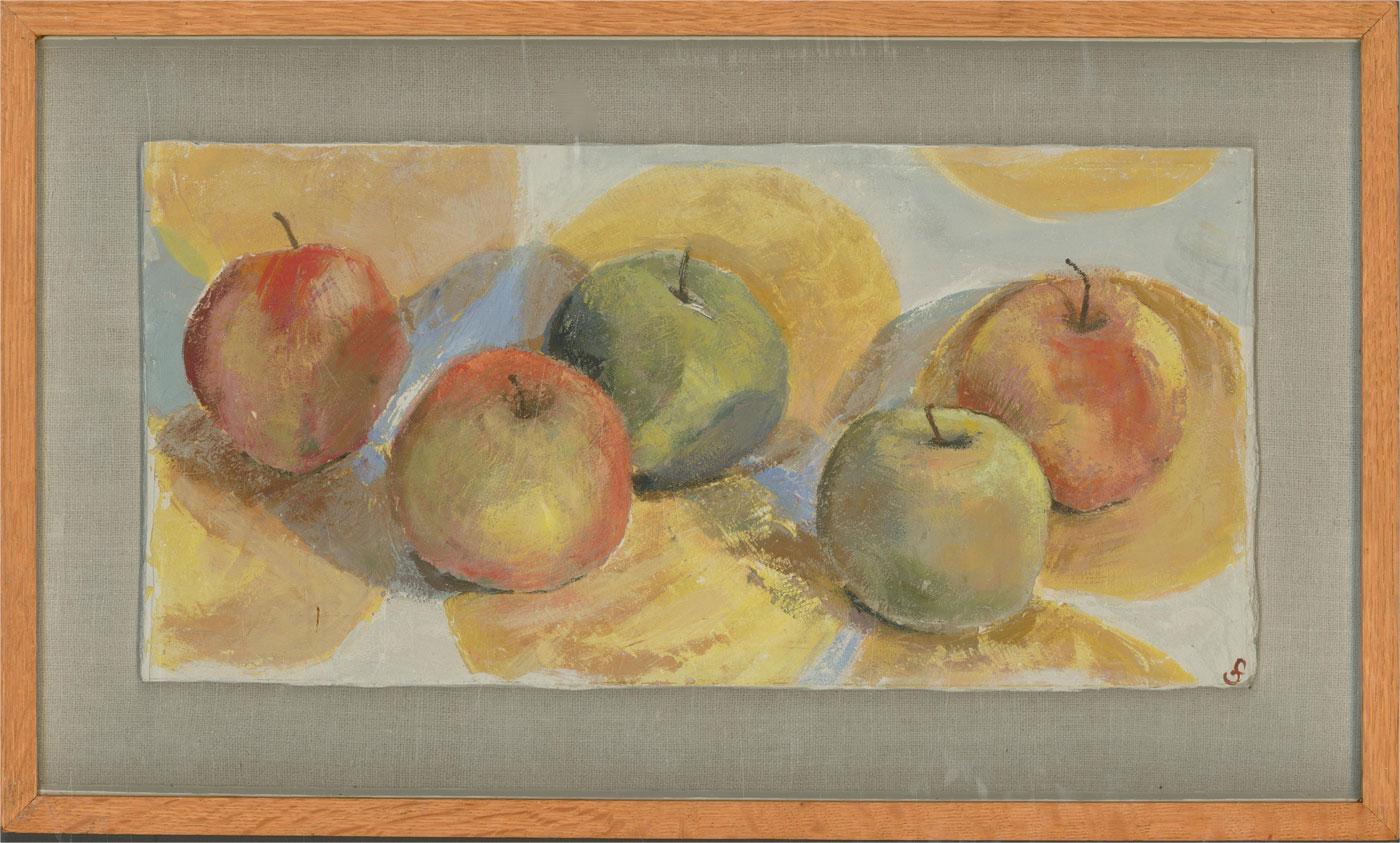 Gouache, aufgetragen auf Gipskarton, ergibt eine schöne impressionistische Studie von Äpfeln.

Das Kunstwerk ist monogrammiert, auf der Rückseite beschriftet und in einem Holzrahmen mit Verglasung präsentiert.

Auf Gipskarton.