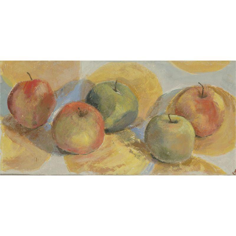 Francesca Shakespeare – signierte zeitgenössische Gouache, Äpfel auf gelben Kreisen im Angebot 1