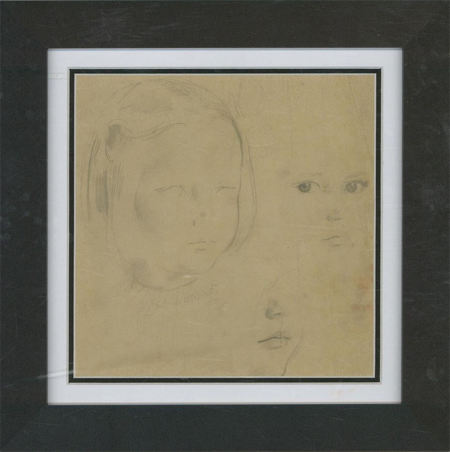 A page of soft facial studies in graphite of a young girl. Although just studies, the drawings capture a lot of the child's personality.

The drawing has been presented in a black, glazed frame with white card mount and black inner window.

On laid.
