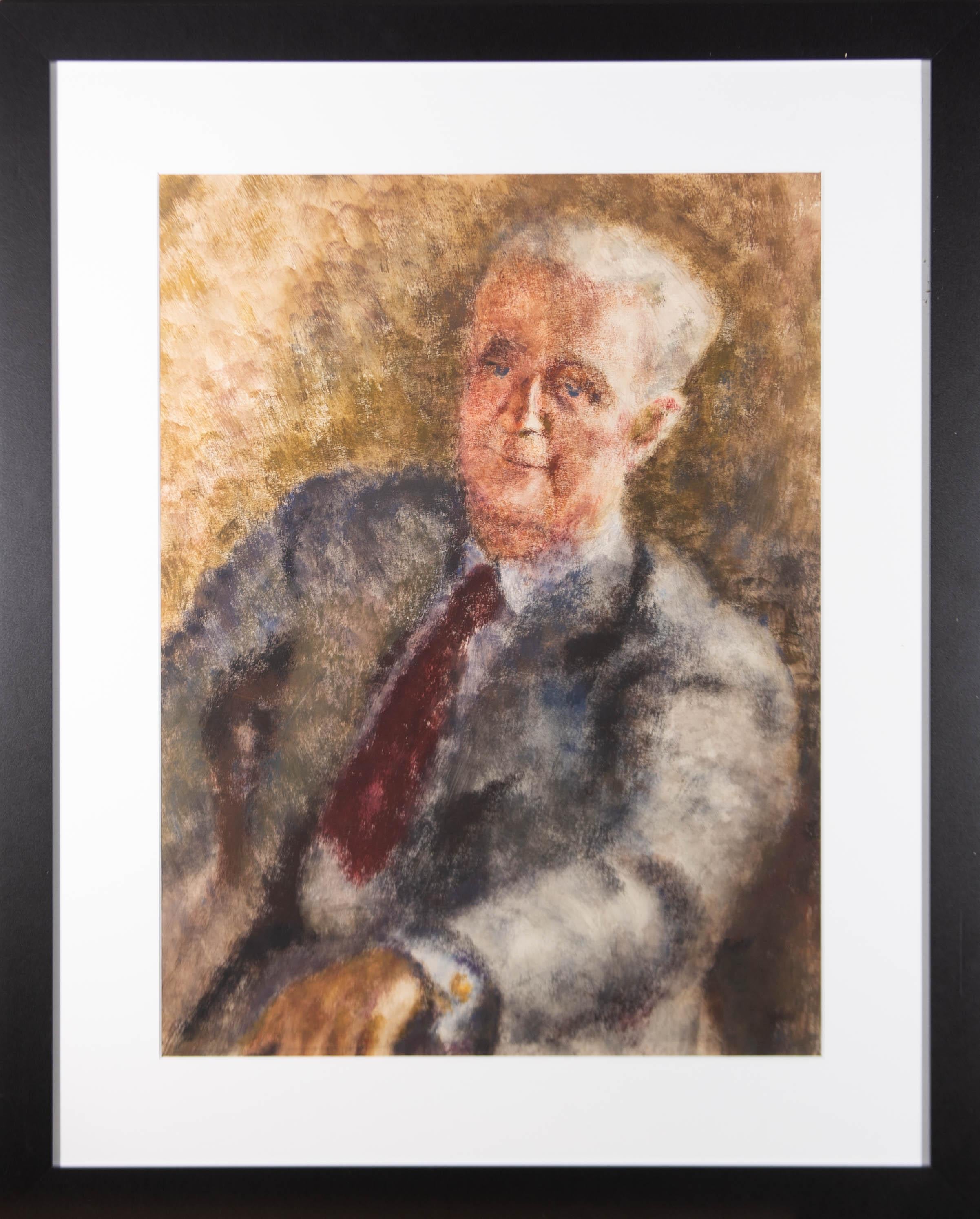 A charmingly characterful portrait of a smart gentleman in a red tie. The artist has used an unusual dry brush technique to give the gouache a textured, scrubbed effect. The lack of harsh lines due to this technique gives the lighting a soft and