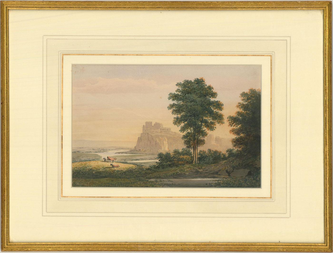 Late 19th Century Watercolour - Clifftop Castle - Beige Landscape Art by Unknown