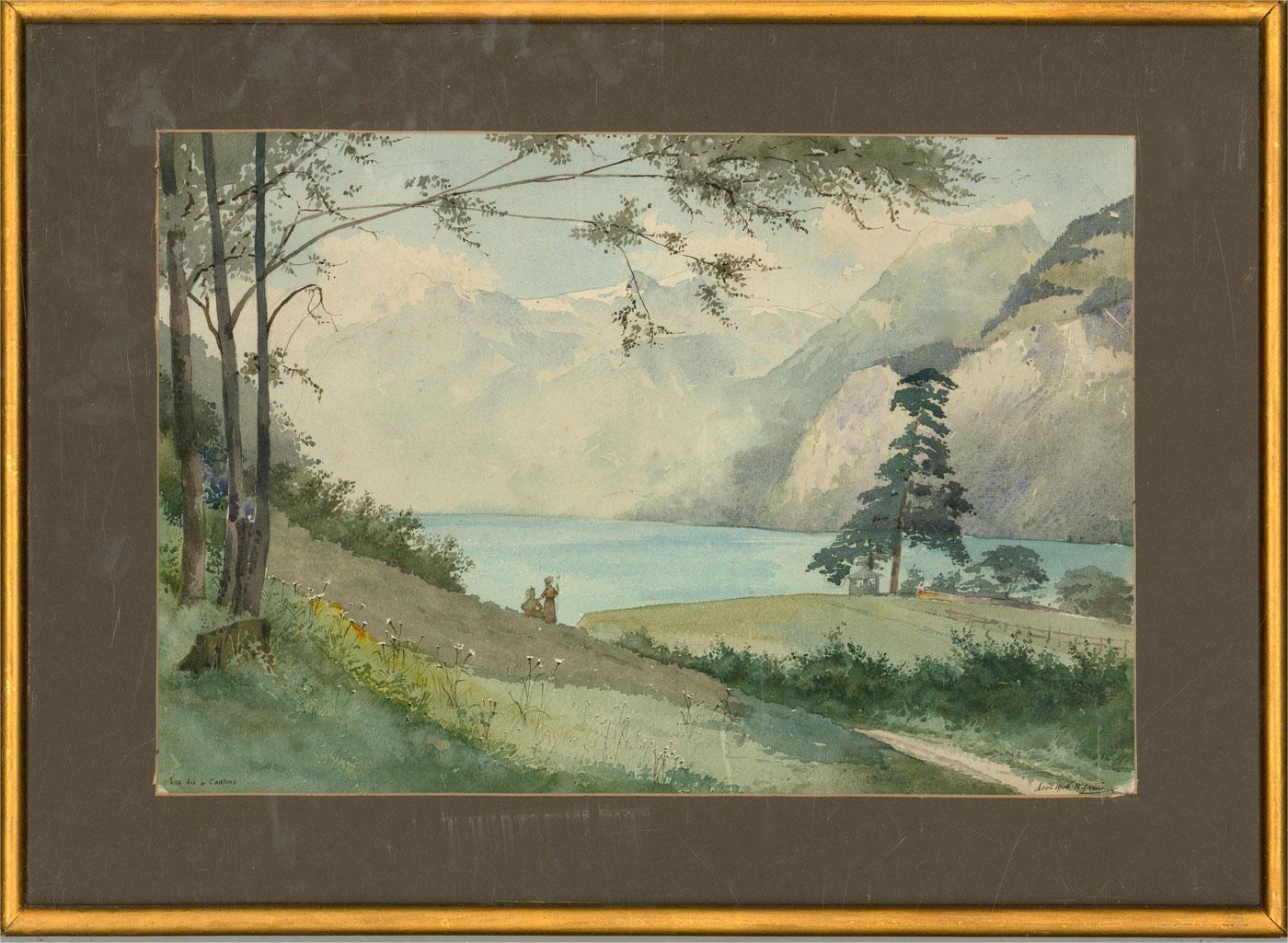 A fine and delicate watercolour painting by R. Cailleux. The scene depicts a landscape view with two figures of Lake Lucerne (Lac des Quatre Cantons), the fourth largest lake of Switzerland. Signed and dated to the lower right-hand corner. Location