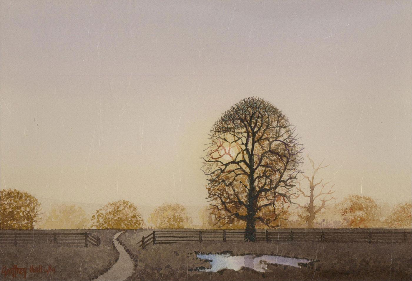 A charming watercolour painting with gouache details by the British artist Geoffrey John Hall. The scene depicts a winter landscape view at dusk with a path. Signed and dated to the lower left-hand corner. Well-presented in a double card mount and