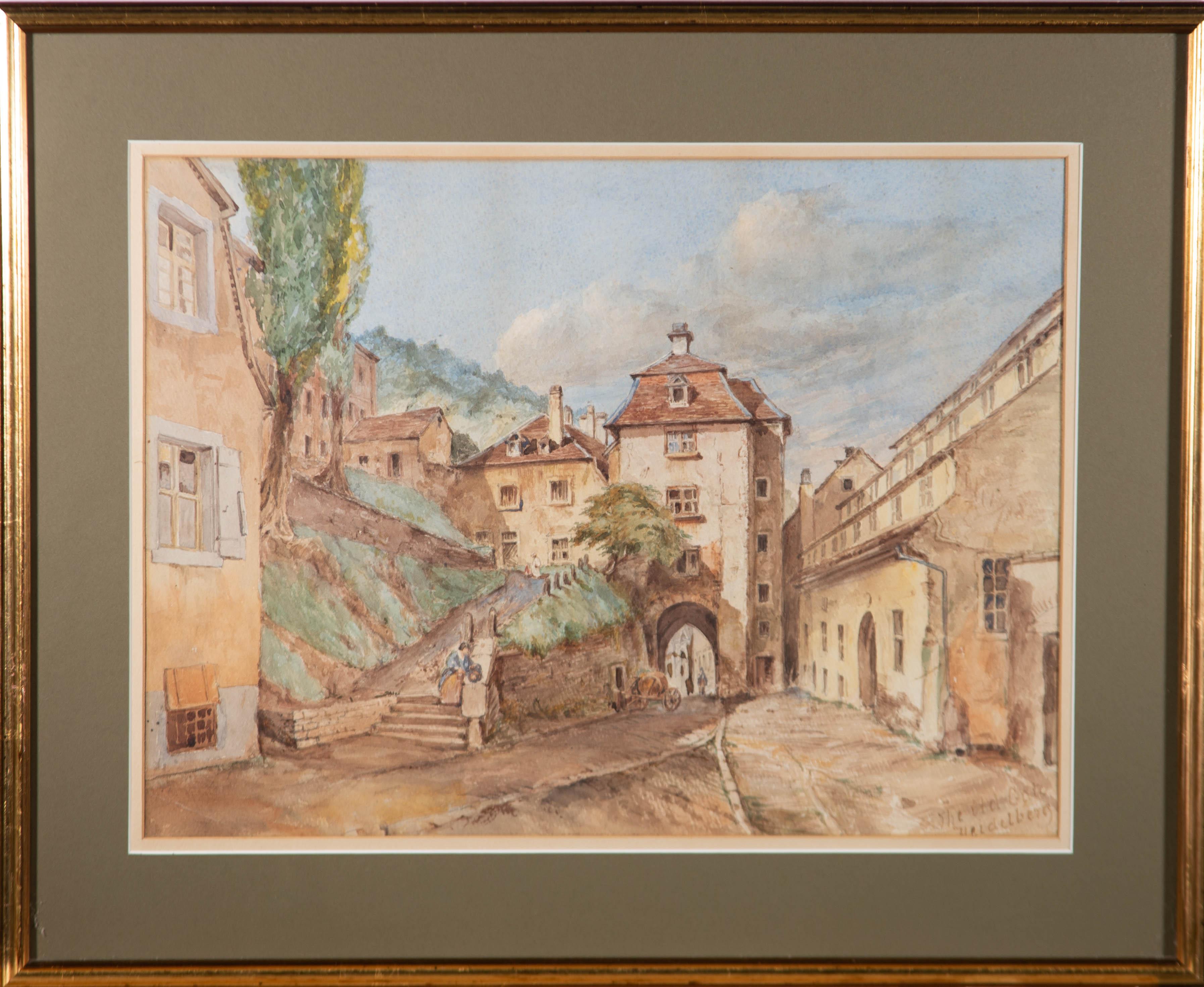 A charming watercolour painting, attributed to the artist Thomas Miles Richardson. The scene depicts a street view with figures, titled 'The Old Gate, Heidelberg'. There are two labels to the reverse with additional information, such as re-framing