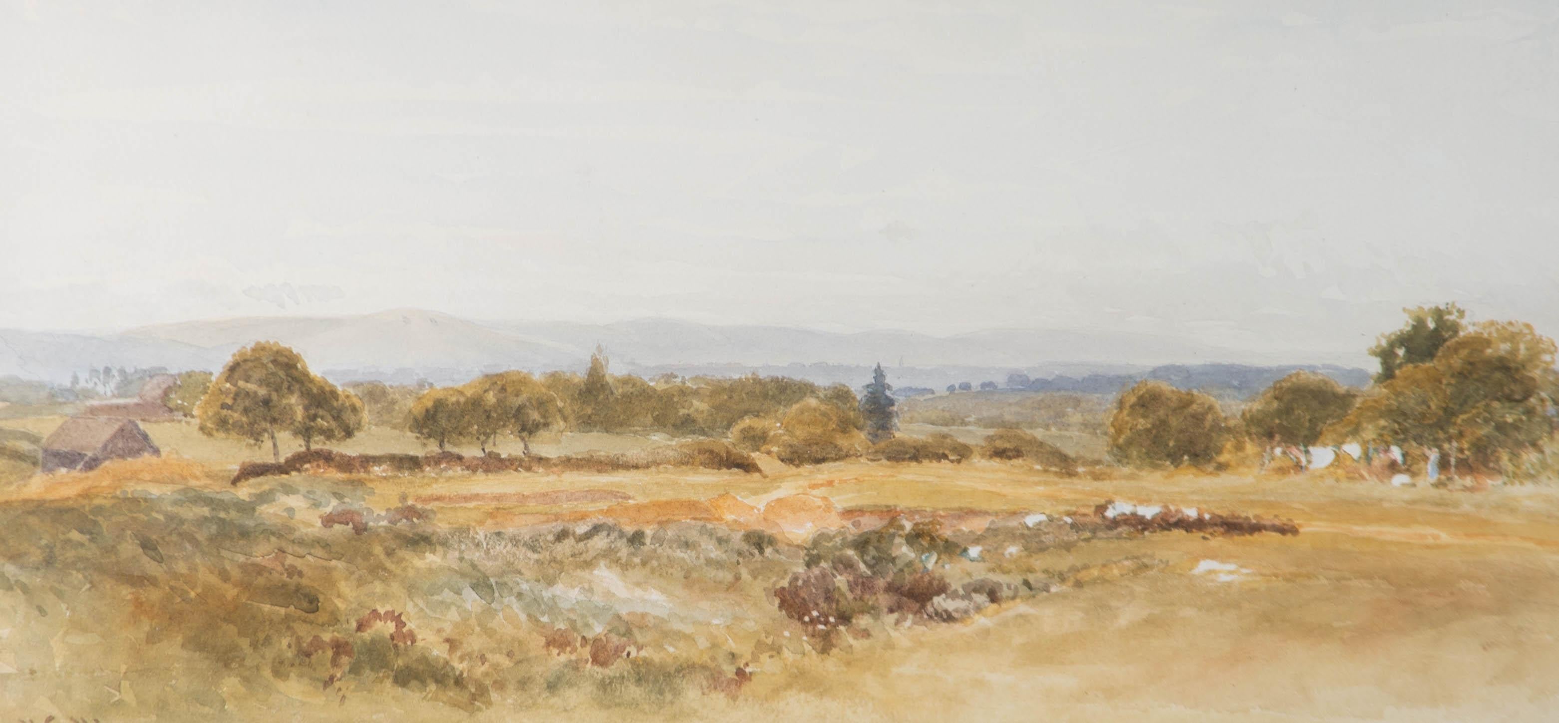 A fine and captivating watercolour painting by British artist Henry George Hine. The scene depicts a landscape view in the South Downs, a range of chalk hills that extend for about 260 square miles across the south-eastern coastal counties of