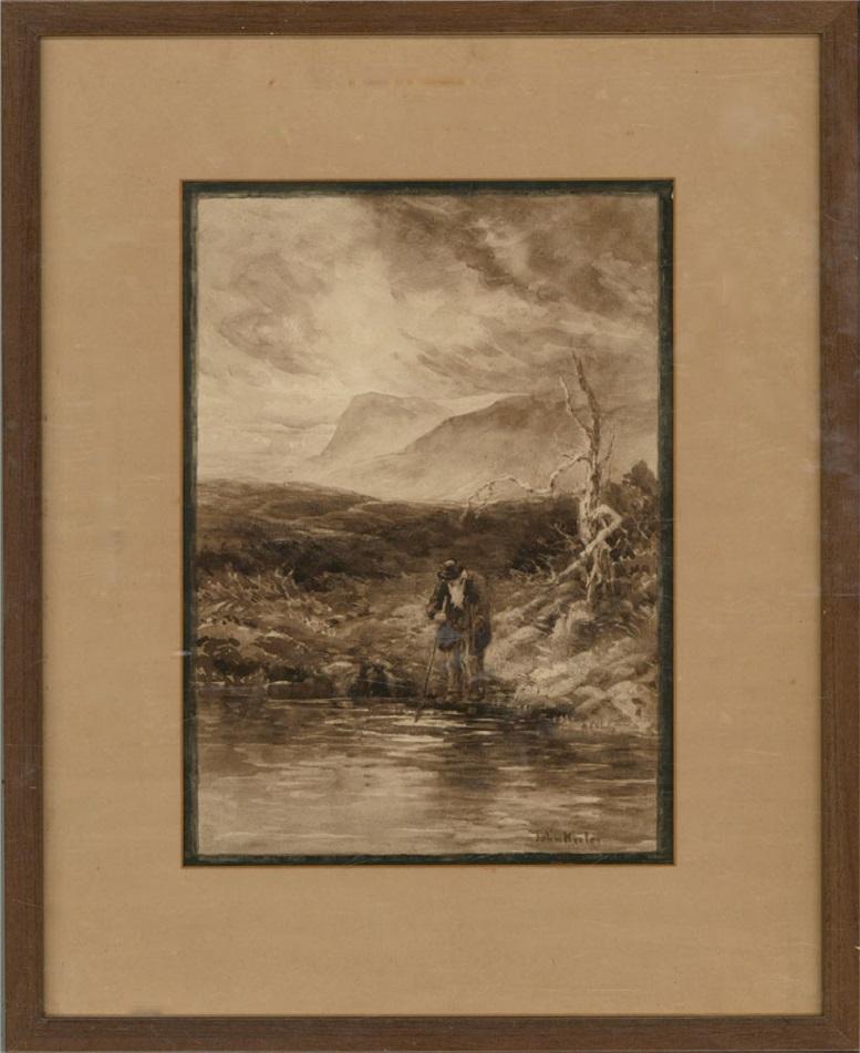 A gloomy and deeply atmospheric watercolour scene in sepia tones showing and elderly, ragged man testing the water in front of him with his stick. A brooding sky and stark branches of a dead tree add a sense of impending doom and foreboding.

The