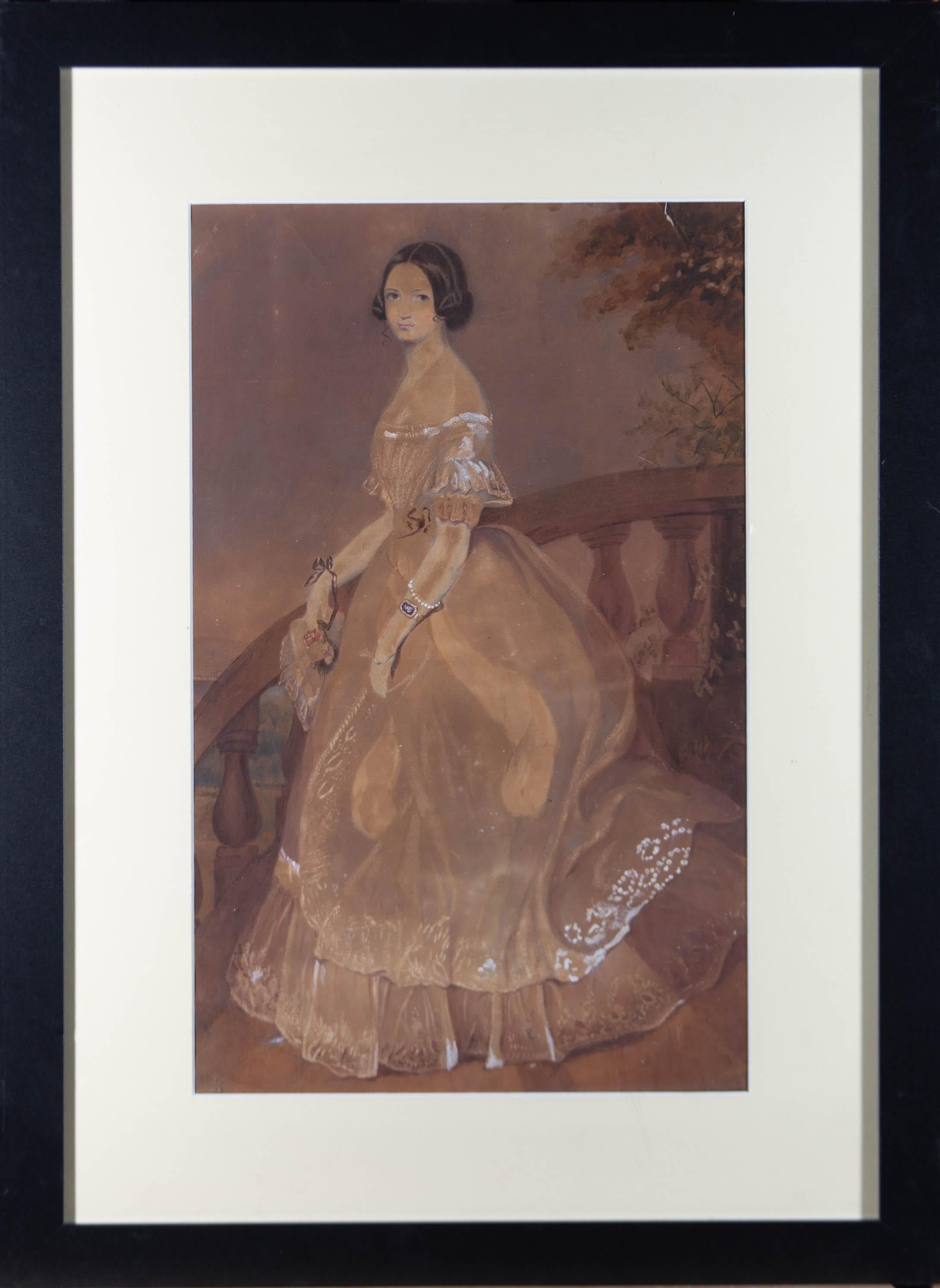 A fine watercolour full body portrait of a beautiful, young debutante in a ball gown and pearl jewelry. The young lady is descending a curved stone staircase, resting on the balustrade. The artist has used an unusual technique of pin pricks to the
